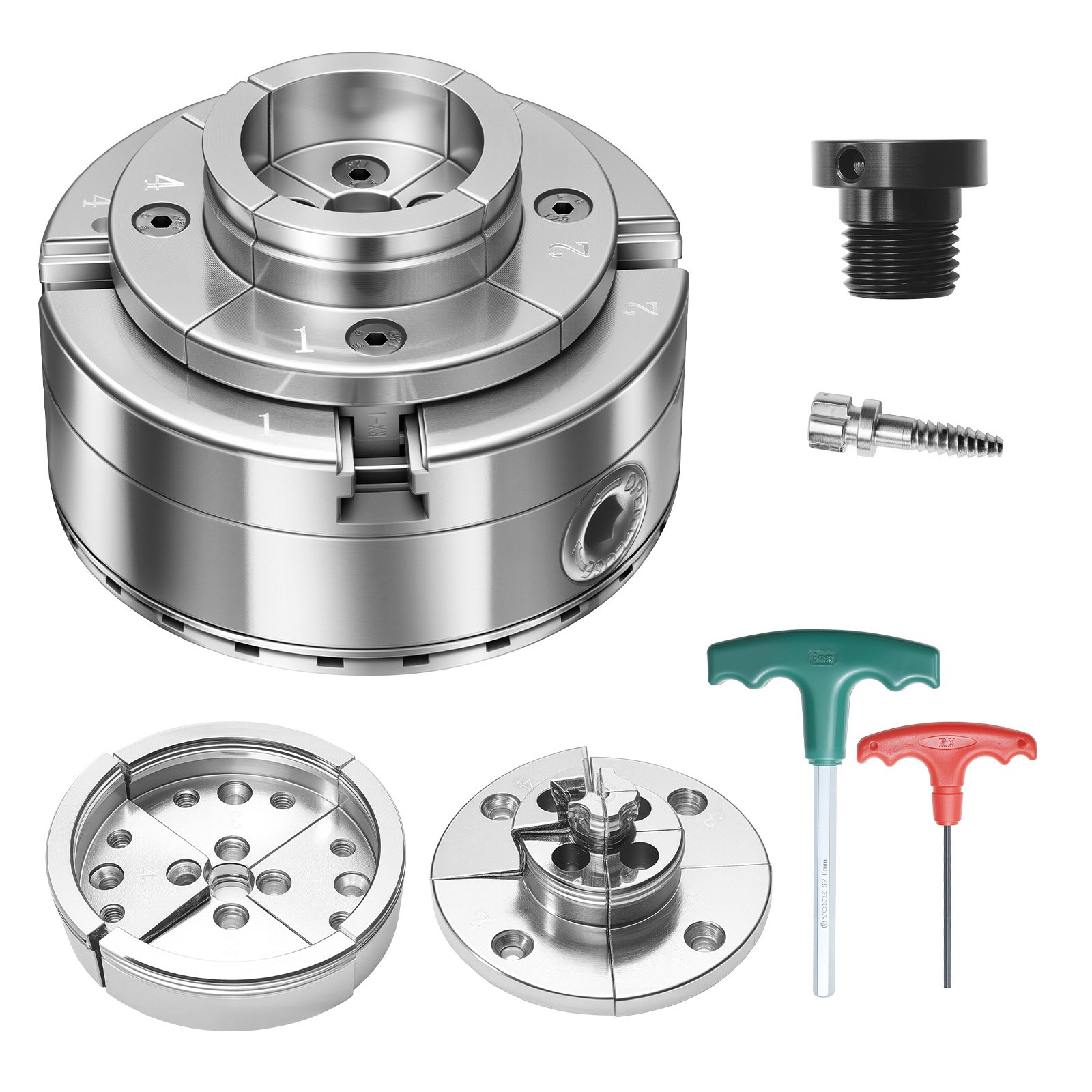 VEVOR Mandril para Torno de Madera 4 pulgadas 4 Mordazas, Juego de Mandril Autocentrante con Engranaje Cónico, Rosca de 1 pulgada x 8 TPI, Juego de 3 Mandriles de Pasador y Redondos para Carpintería