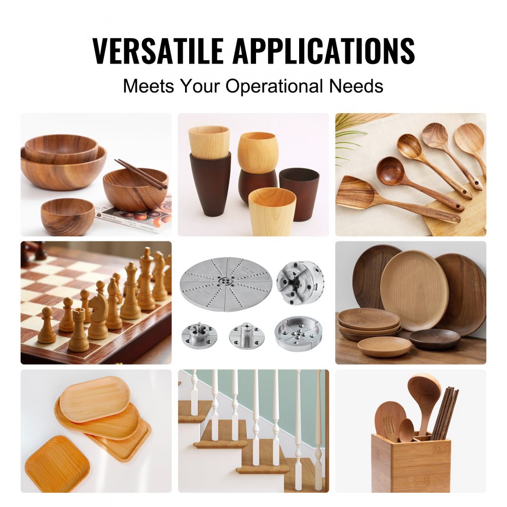verstl-app: cuencos de madera, tazas, cucharas, piezas de ajedrez, platos y mandril de torno VEVOR para necesidades versátiles