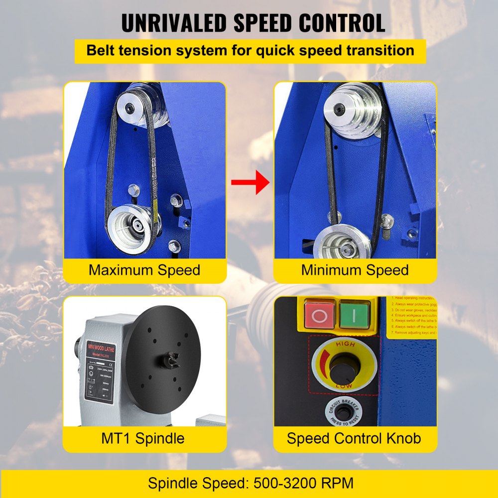VEVOR Torno para Madera MC330 Velocidad Variable 3200rpm Banco de Torneado