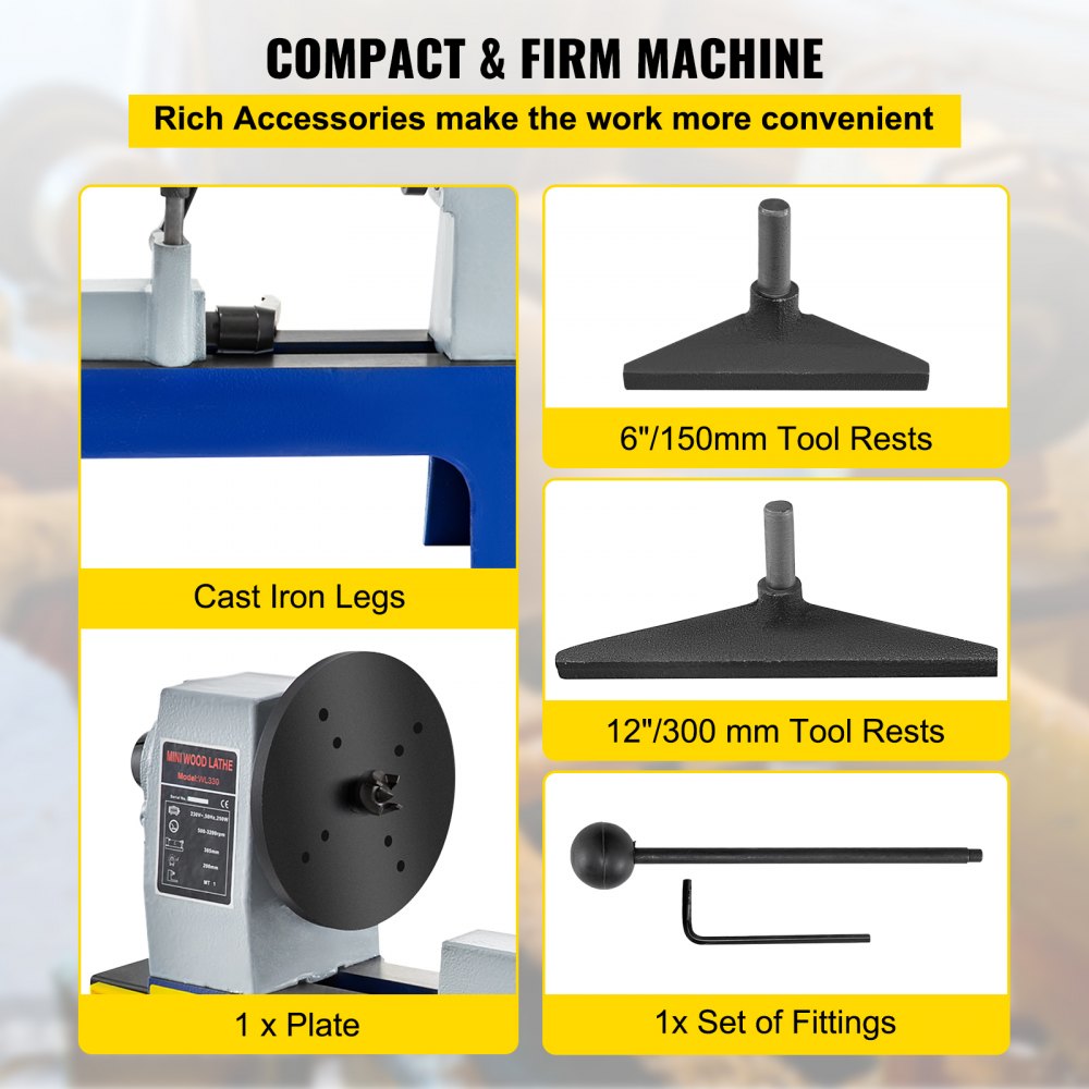 VEVOR Torno para Madera MC330 Velocidad Variable 3200rpm Banco de Torneado