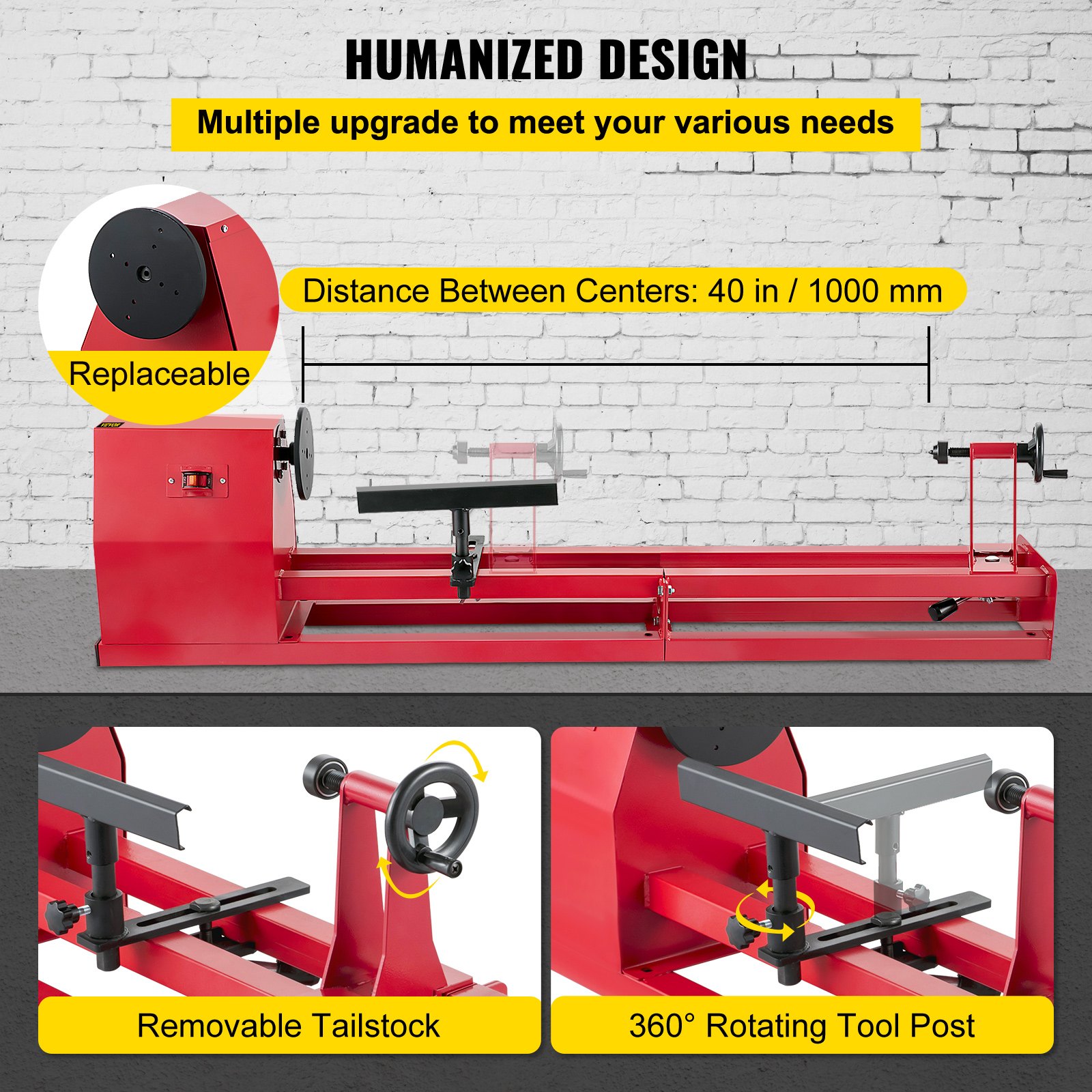 VEVOR Torno para Madera 375 W Torno de Madera Profesional 220V 60Hz Torno para Madera con Variador de Velocidad Color Rojo con Llaves y Cinceles