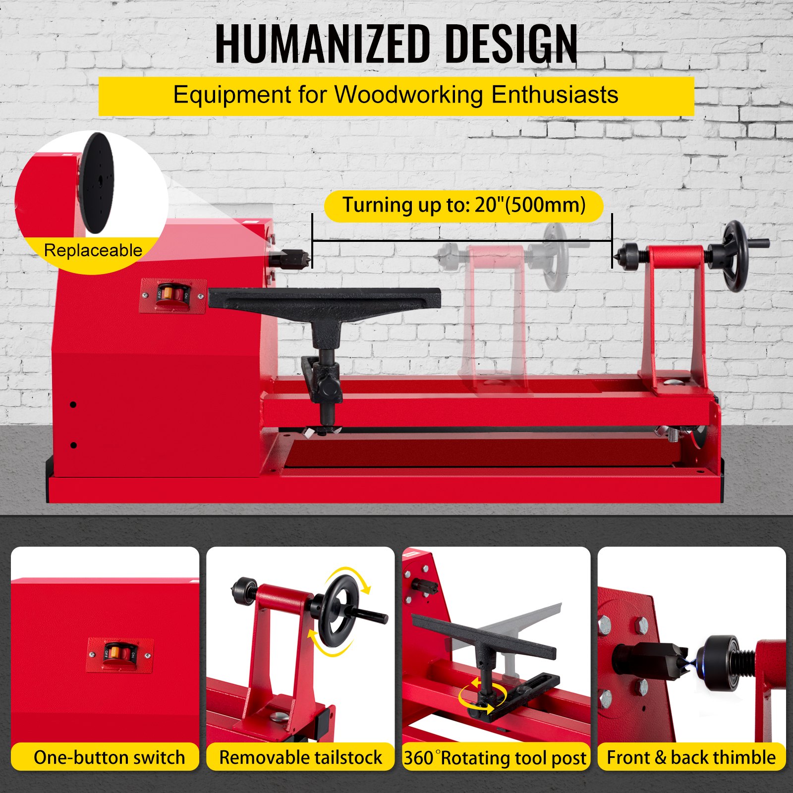 VEVOR Torno para Madera 400 W 220 V 50 Hz Torno de Banco para Madera 1100-3400 RPM 350 mm x 500 mm Torno de Madera para Taladro Altura del Soporte de 175 mm para Cortar, Lijar, Moletear, Taladrar