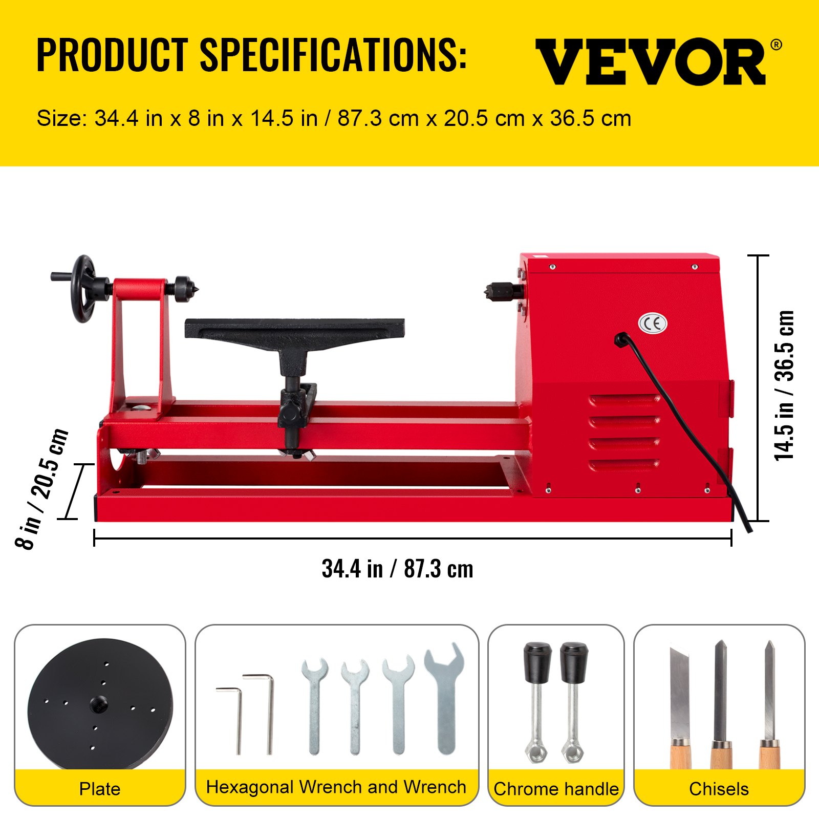 VEVOR Torno para Madera 400 W 220 V 50 Hz Torno de Banco para Madera 1100-3400 RPM 350 mm x 500 mm Torno de Madera para Taladro Altura del Soporte de 175 mm para Cortar, Lijar, Moletear, Taladrar