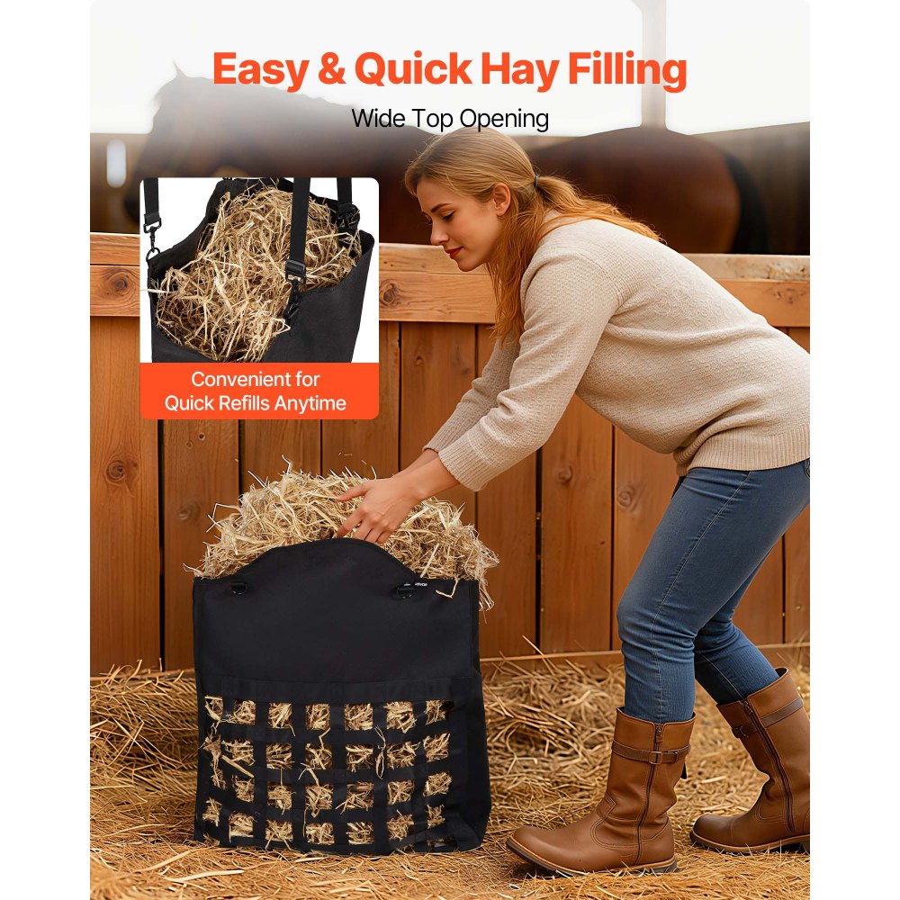 VEVOR Hay Bag for Horses, 55 x 18.5 x 64 cm, 46 x 46 mm Holes, Premium Nylon Construction with PVC Waterproof Coating, Adjustable Hanging Straps and Metal Hooks, Slow Feed Hay Bag for Horses