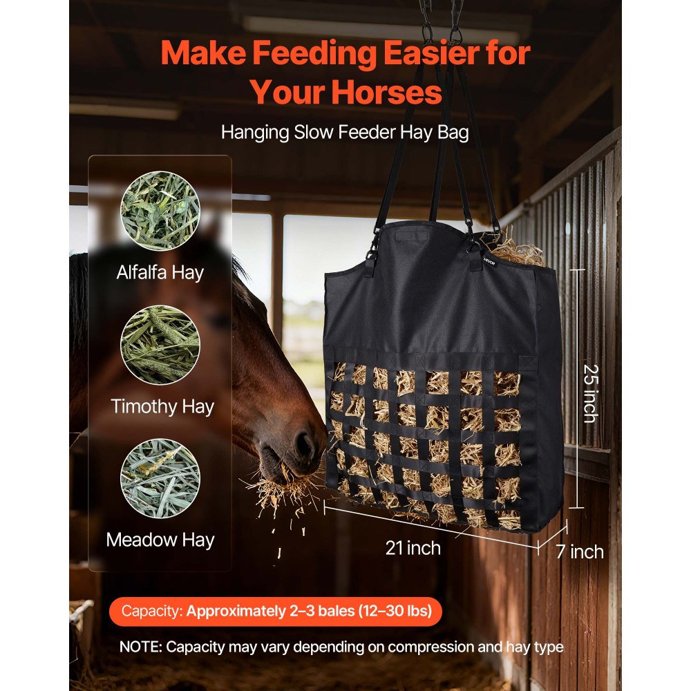 VEVOR Bolsa de Heno para Caballos, 55 x 18,5 x 64 cm, Agujeros 46 x 46 mm, Fabricada en Nailon, con Revestimiento Impermeable de PVC, Correas de Suspensión Ajustables y Ganchos Metálicos, Negro
