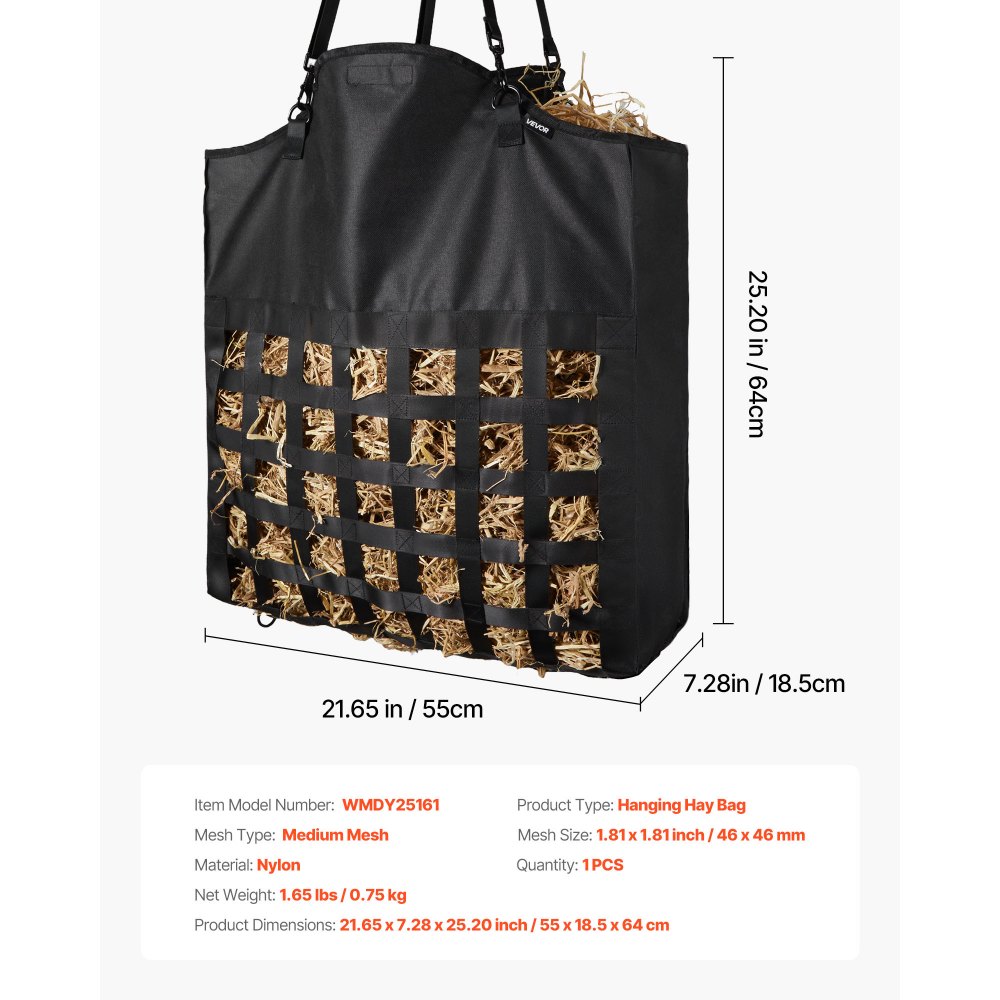 VEVOR Bolsa de Heno para Caballos, 55 x 18,5 x 64 cm, Agujeros 46 x 46 mm, Fabricada en Nailon, con Revestimiento Impermeable de PVC, Correas de Suspensión Ajustables y Ganchos Metálicos, Negro