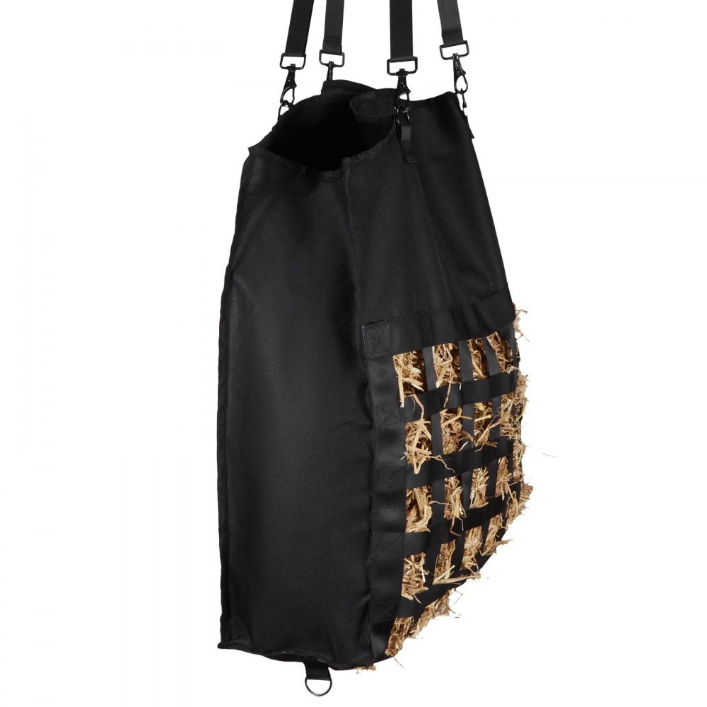 VEVOR Bolsa de Heno para Caballos, 55 x 18,5 x 64 cm, Agujeros 46 x 46 mm, Fabricada en Nailon, con Revestimiento Impermeable de PVC, Correas de Suspensión Ajustables y Ganchos Metálicos, Negro