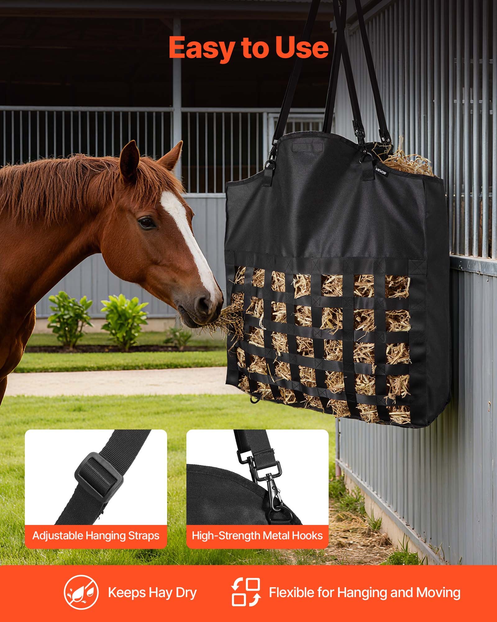 VEVOR Hay Bag for Horses, 55 x 18.5 x 64 cm, 46 x 46 mm Holes, Premium Nylon Construction with PVC Waterproof Coating, Adjustable Hanging Straps and Metal Hooks, Slow Feed Hay Bag for Horses