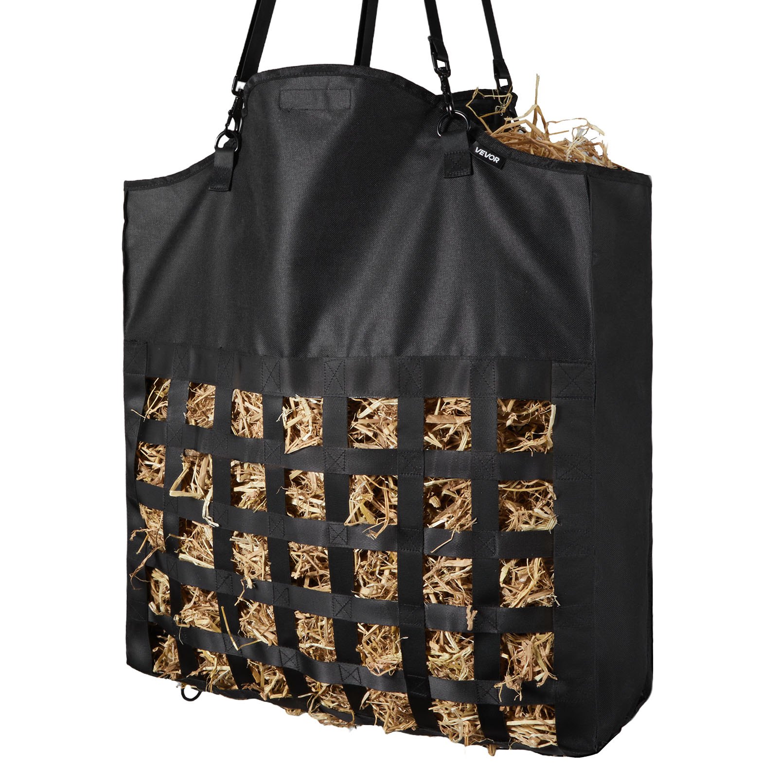 VEVOR Bolsa de Heno para Caballos, 55 x 18,5 x 64 cm, Agujeros 46 x 46 mm, Fabricada en Nailon, con Revestimiento Impermeable de PVC, Correas de Suspensión Ajustables y Ganchos Metálicos, Negro