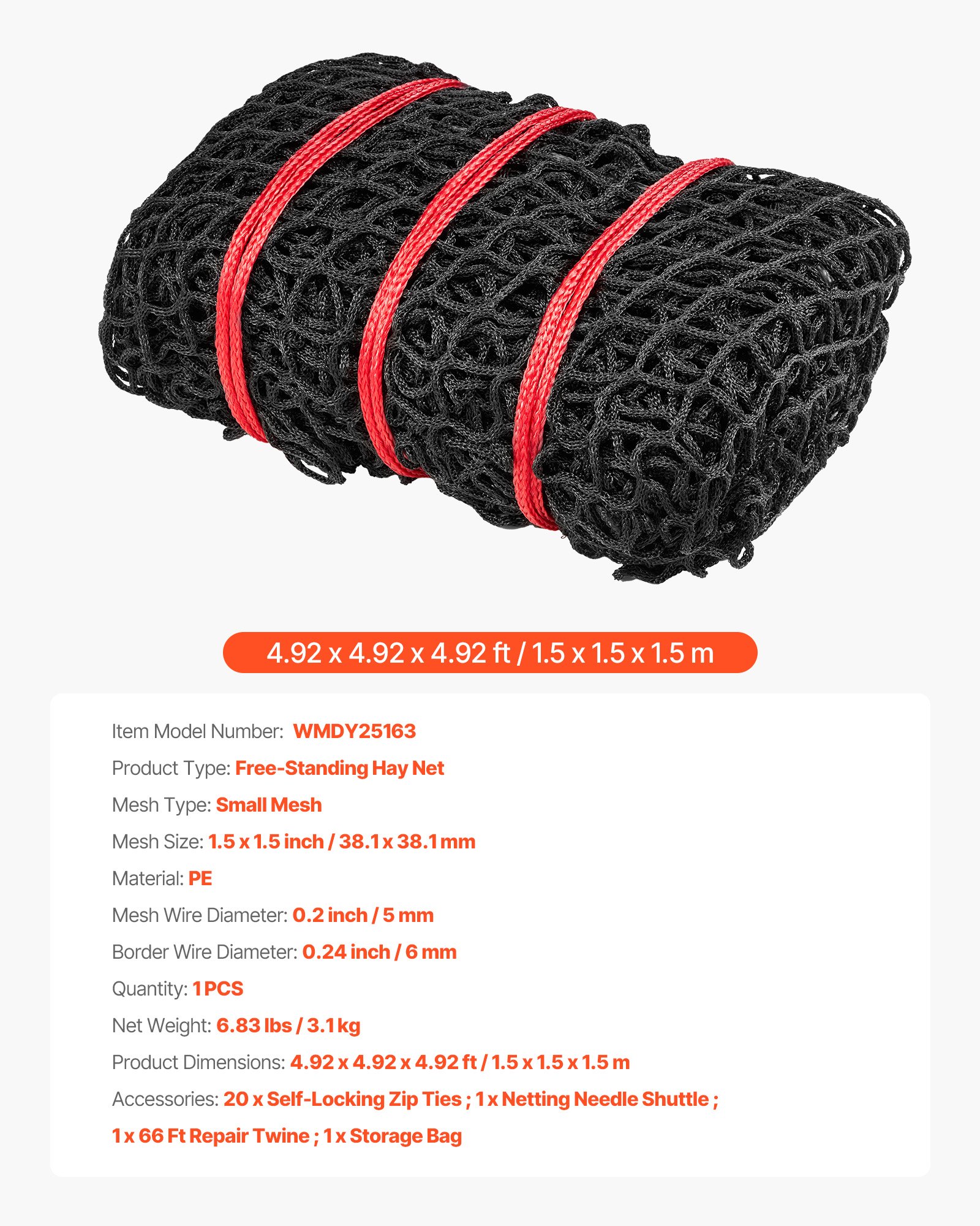 VEVOR Round Bale Hay Net, 1.5 x 1.5 x 1.5 m, 38.1 x 38.1 mm Holes, PE Material, Knotless Design, with Zip Ties, Needle Shuttle, Repair Twine and Storage Bag, Slow Feeder Round Bale Net for Horses