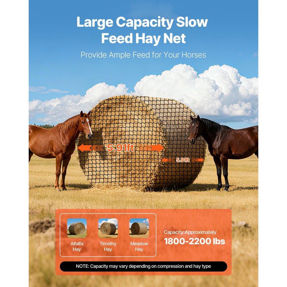 VEVOR Red para Pacas Redondas de Alimentación Lenta, para Caballos, 1,8 x 1,8 x 1,8 m, Agujeros 38,1 x 38,1 mm, PE, con Bridas, Lanzadera de Aguja, Hilo de Reparación y Bolsa de Almacenamiento