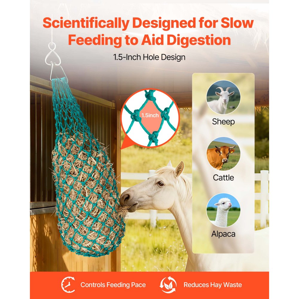 VEVOR Redes de Heno Colgantes de Alimentación Lenta, 4 uds, 0,9 m de Longitud Extendida, Agujeros de 38 x 38 mm, PE, con 4 Ganchos de Mosquetón, para Caballos, Ovejas, Vacas, Alpacas y Ganado