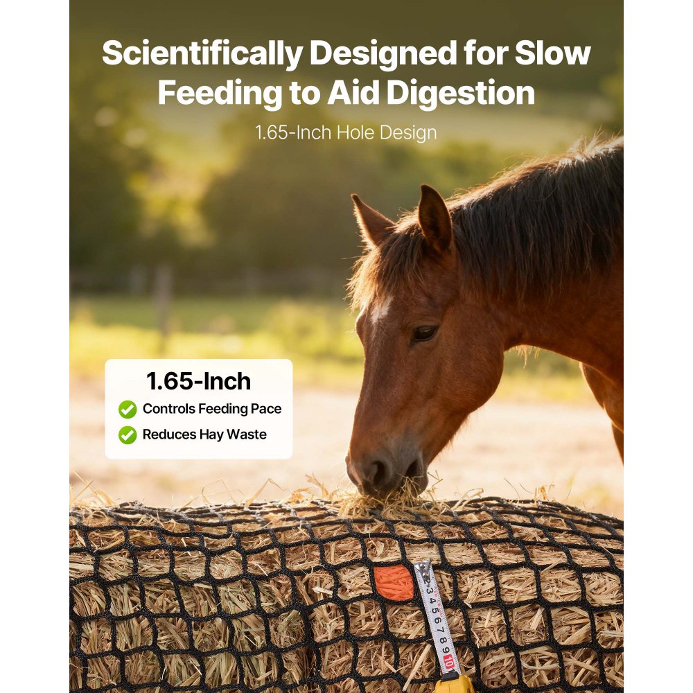 VEVOR Red para Pacas Redondas de Alimentación Lenta, para Caballos, 1,5 x 1,5 x 1,5 m, Agujeros de 42 x 42 mm, PE, sin Nudos, con Bridas Autoblocantes, Lanzadera de Aguja y Cordel de Reparación