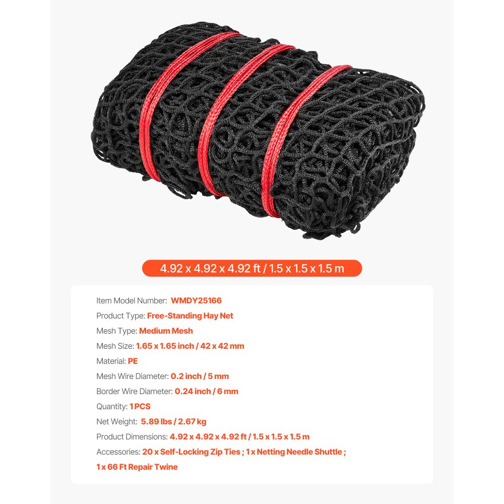 VEVOR Red para Pacas Redondas de Alimentación Lenta, para Caballos, 1,5 x 1,5 x 1,5 m, Agujeros de 42 x 42 mm, PE, sin Nudos, con Bridas Autoblocantes, Lanzadera de Aguja y Cordel de Reparación