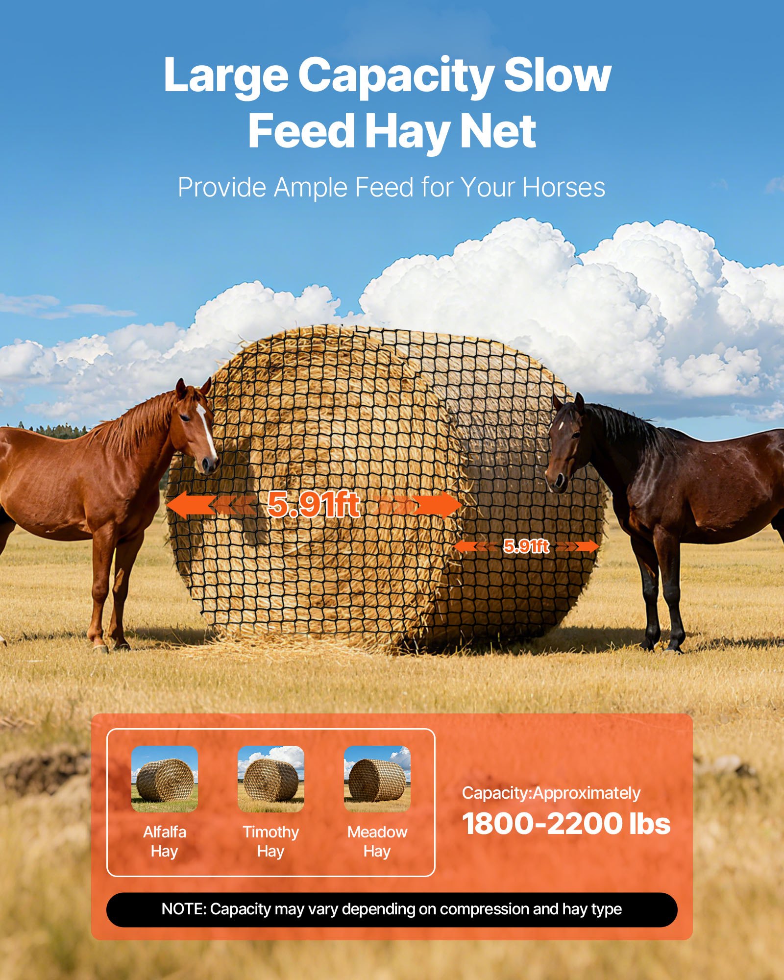 VEVOR Red para Pacas Redondas de Alimentación Lenta, para Caballos, 1,8 x 1,8 x 1,8 m, Agujeros de 42 x 42 mm, PE, con Bridas, Lanzadera de Aguja, Hilo de Reparación y Bolsa de Almacenamiento