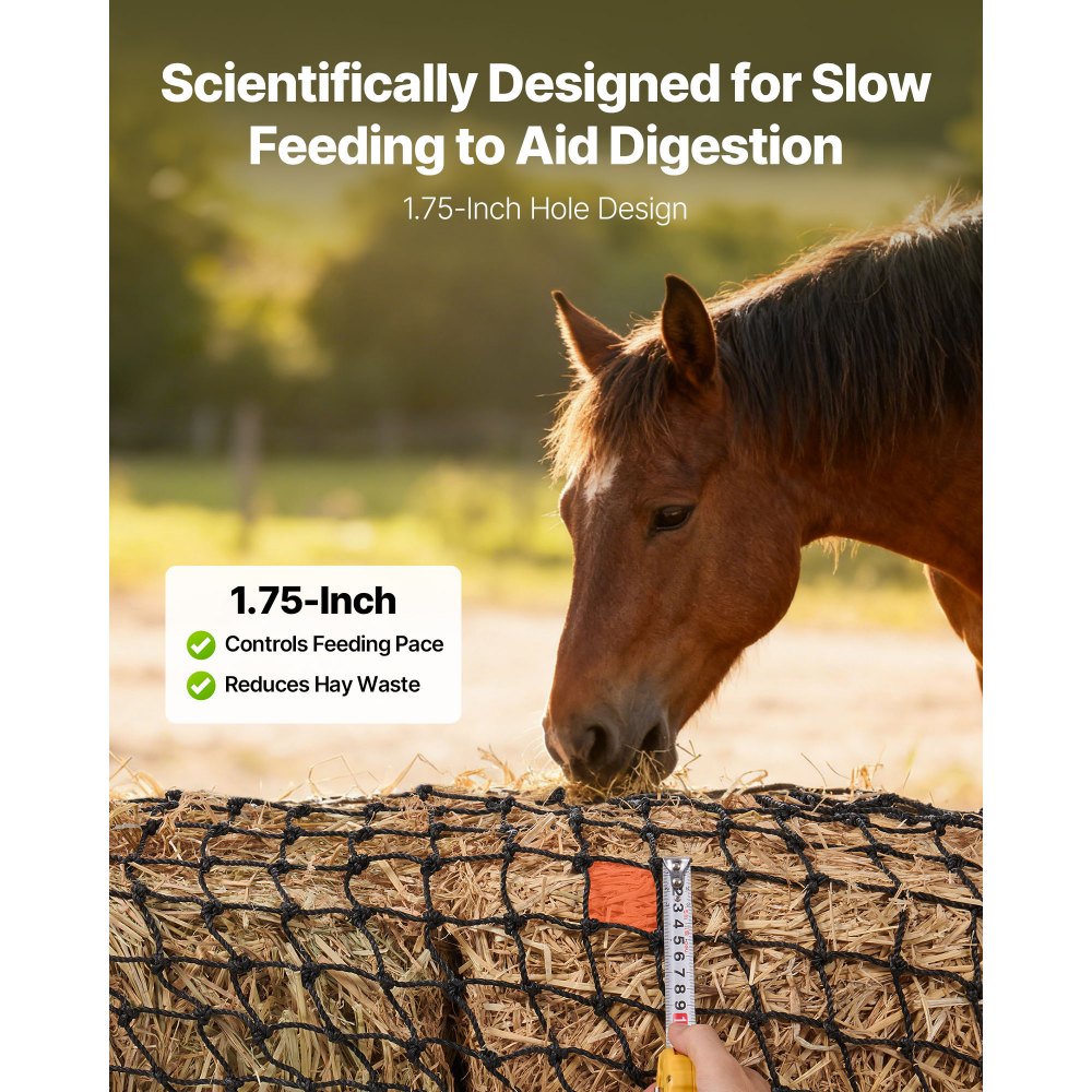 VEVOR Red para Pacas Redondas de Alimentación Lenta a Caballos, 1,5 x 1,5 x 1,5 m, Agujeros 44,45 x 44,45 mm, PE, Diseño Reforzado con Nudos, con Bridas, Lanzadera de Aguja y Cordel de Reparación