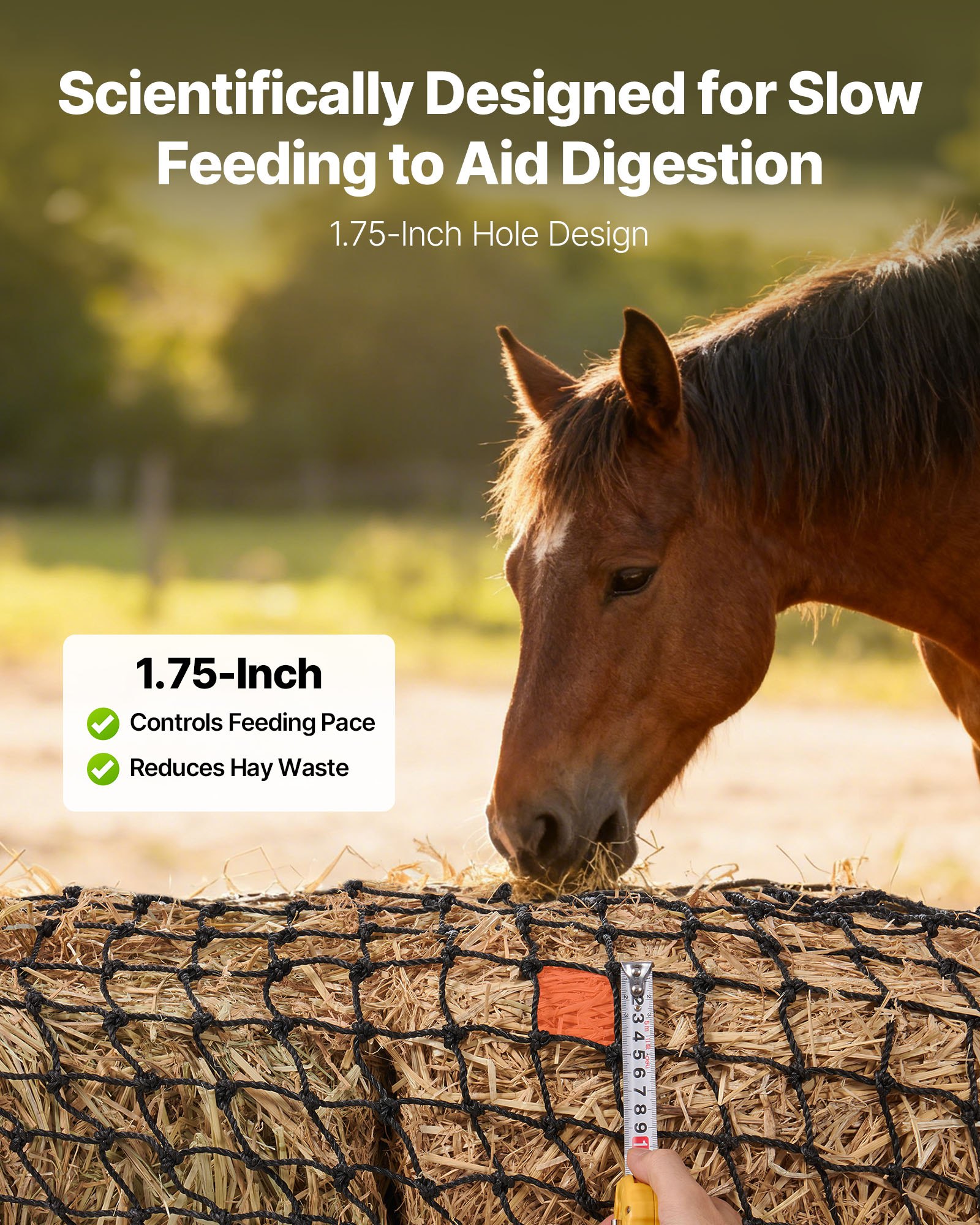 VEVOR Red para Pacas Redondas de Alimentación Lenta a Caballos, 1,5 x 1,5 x 1,5 m, Agujeros 44,45 x 44,45 mm, PE, Diseño Reforzado con Nudos, con Bridas, Lanzadera de Aguja y Cordel de Reparación