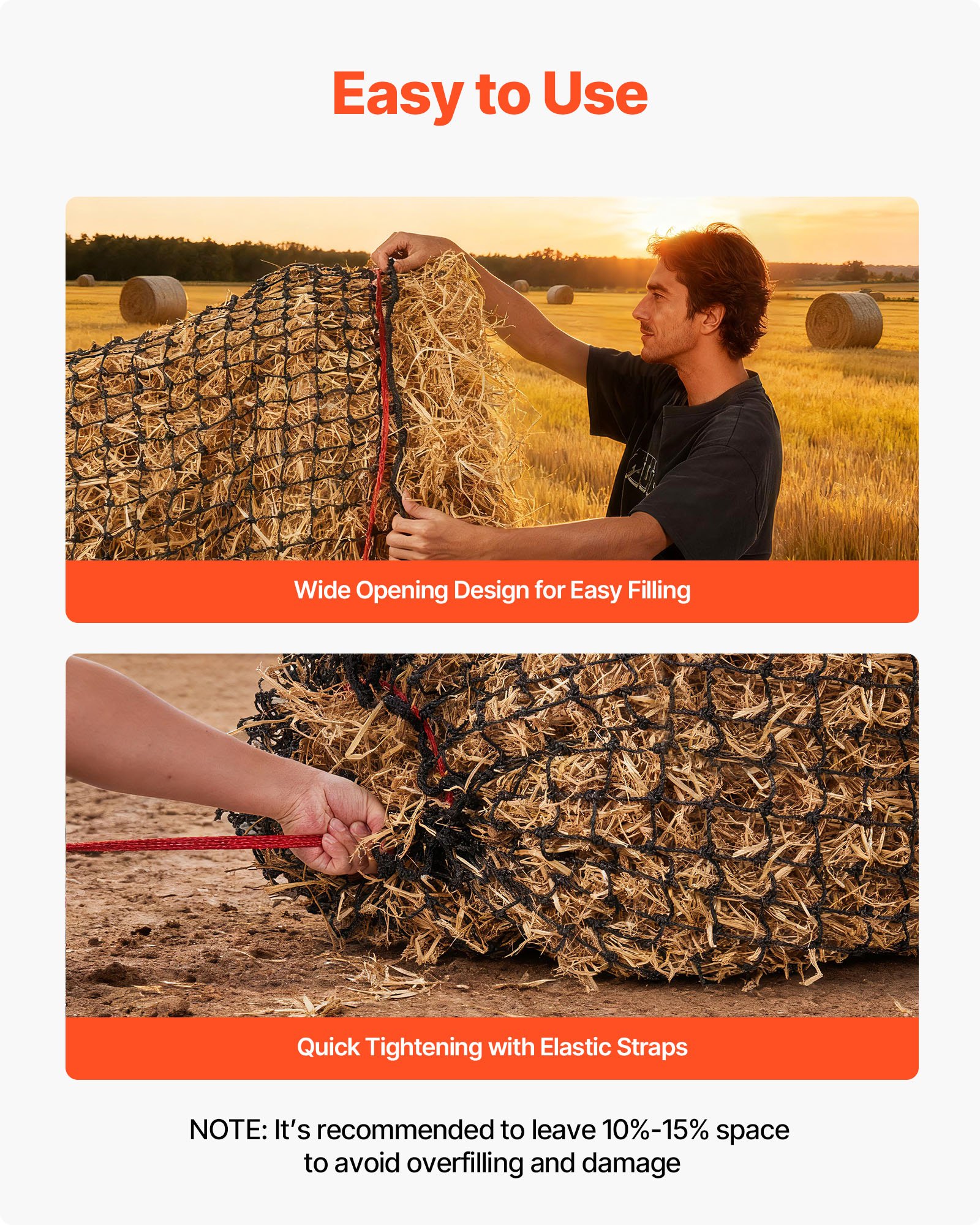 VEVOR Red para Pacas Redondas de Alimentación Lenta a Caballos, 1,5 x 1,5 x 1,5 m, Agujeros 44,45 x 44,45 mm, PE, Diseño Reforzado con Nudos, con Bridas, Lanzadera de Aguja y Cordel de Reparación