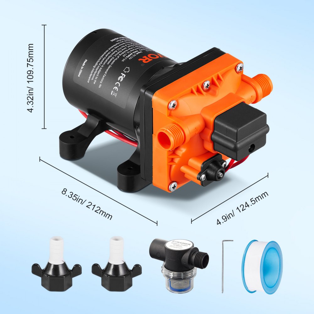 VEVOR Bomba de Diafragma de Agua 12 V Caudal de 3,5 GPM Presión Nominal de 55 PSI, Ajustable de 40 a 80 PSI, Pulverizadora Autocebante con Presostato para Autocaravanas, Caravanas, Embarcaciones