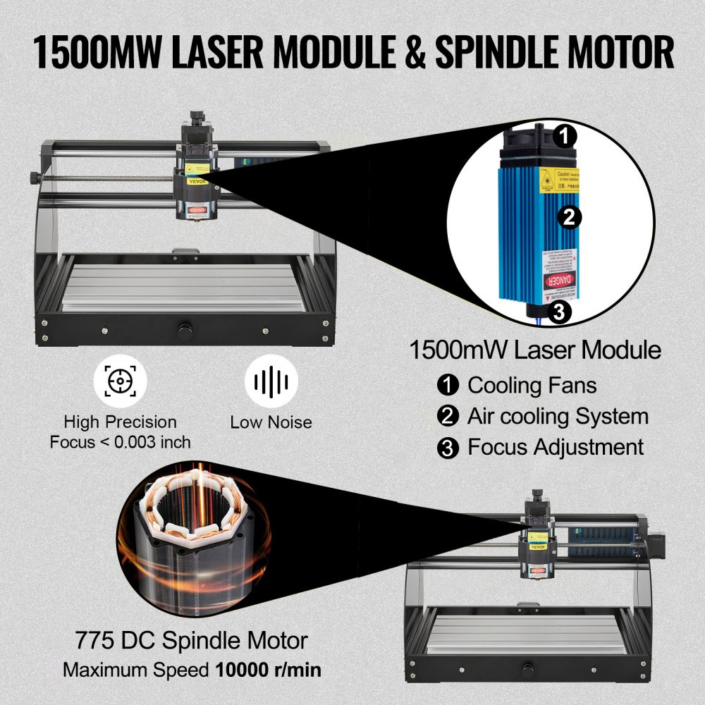 VEVOR Grabador Láser, Fresadoras para Madera 300 × 180 × 45 mm, CNC 3018 Pro CNC 3018 10,000 RPM Control de 3 Ejes GRBL, Máquina CNC, para Tallar Plástico, Acrílico, PVC, Madera