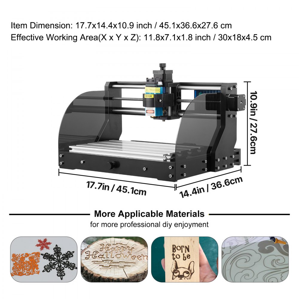 VEVOR Grabador Láser, Fresadoras para Madera 300 × 180 × 45 mm, CNC 3018 Pro CNC 3018 10,000 RPM Control de 3 Ejes GRBL, Máquina CNC, para Tallar Plástico, Acrílico, PVC, Madera