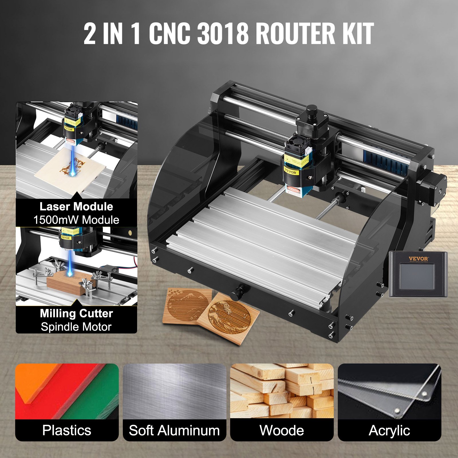 VEVOR Grabador Láser, Fresadoras para Madera 300 × 180 × 45 mm, CNC 3018 Pro CNC 3018 10,000 RPM Control de 3 Ejes GRBL, Máquina CNC, para Tallar Plástico, Acrílico, PVC, Madera