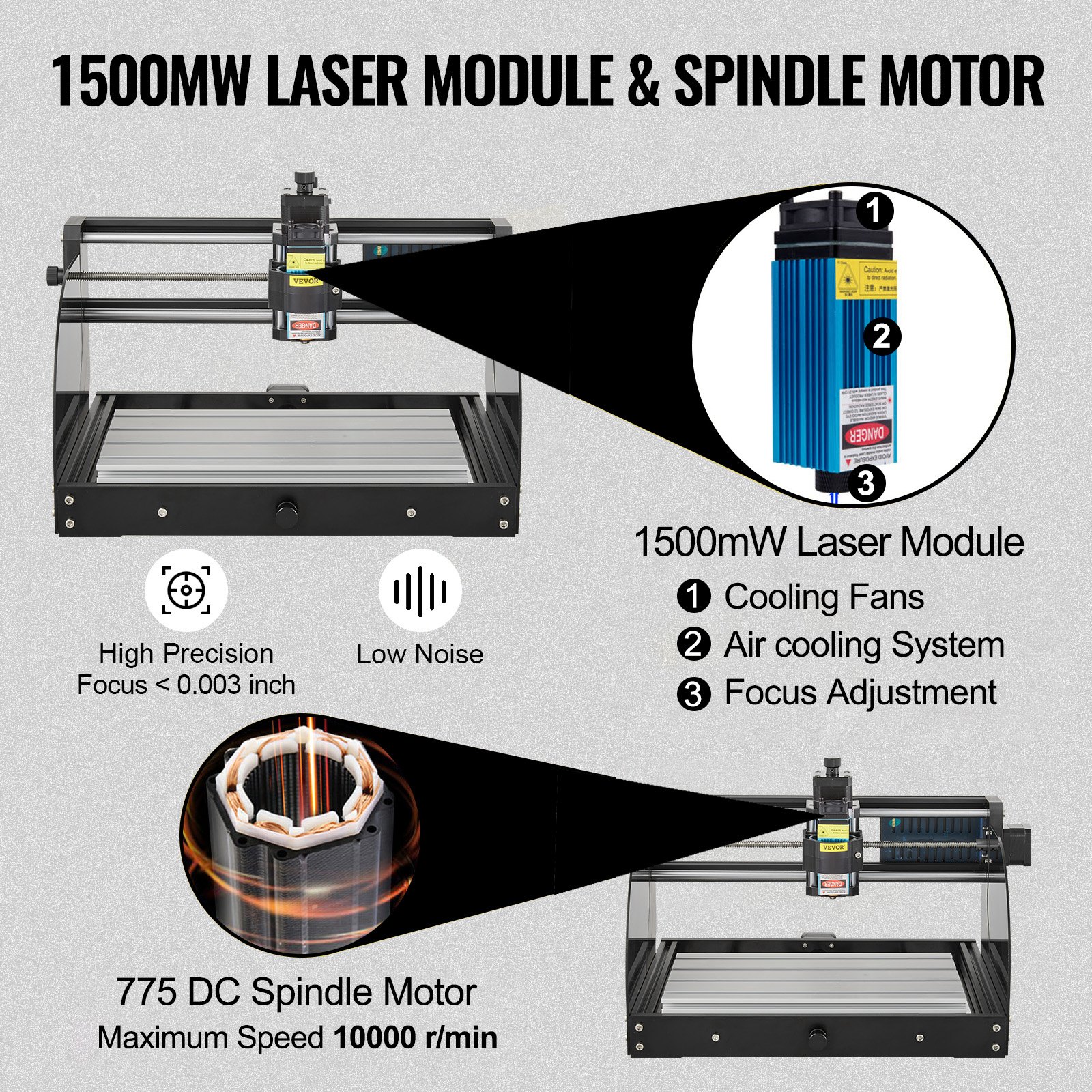 VEVOR Grabador Láser, Fresadoras para Madera 300 × 180 × 45 mm, CNC 3018 Pro CNC 3018 10,000 RPM Control de 3 Ejes GRBL, Máquina CNC, para Tallar Plástico, Acrílico, PVC, Madera