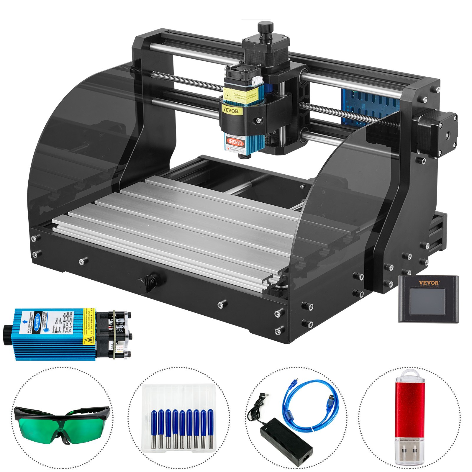 VEVOR CNC 3018 Pro Router CNC 5,5W Láser, 3 Ejes, Control GRBL, Máquina de Grabado Láser, Fresadoras para Madera 300 × 180 × 45 mm, para Tallado Fresado Plástico, Acrílico, PVC, Madera