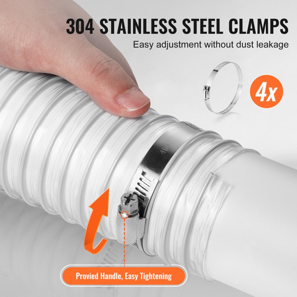 VEVOR Manguera de Recolección de Polvo 6,3x610 cm Manguera Transparente Flexible de PVC Engrosado 4 Abrazaderas de Acero Inoxidable 304 para Sierra de Mesa, Sierra de Cinta, Cepilladora, Ensambladora