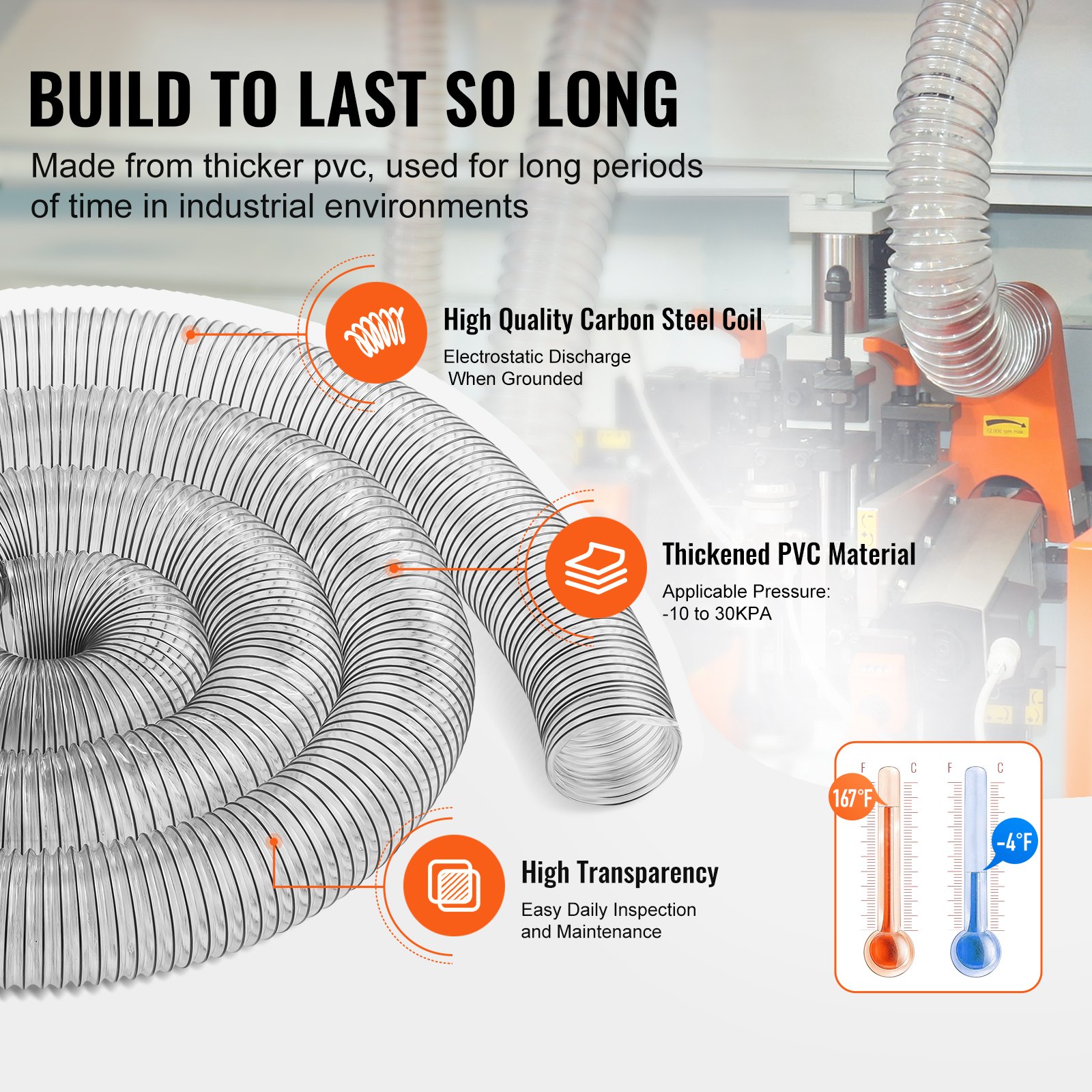 VEVOR Dust Collection Hose, 4 inch x 20 foot, thickened PVC material, puncture-resistant, flexible, transparent hose with carbon steel wire spool, 4 x 304 stainless steel clamps, for table saw, band saw, planner, jointer