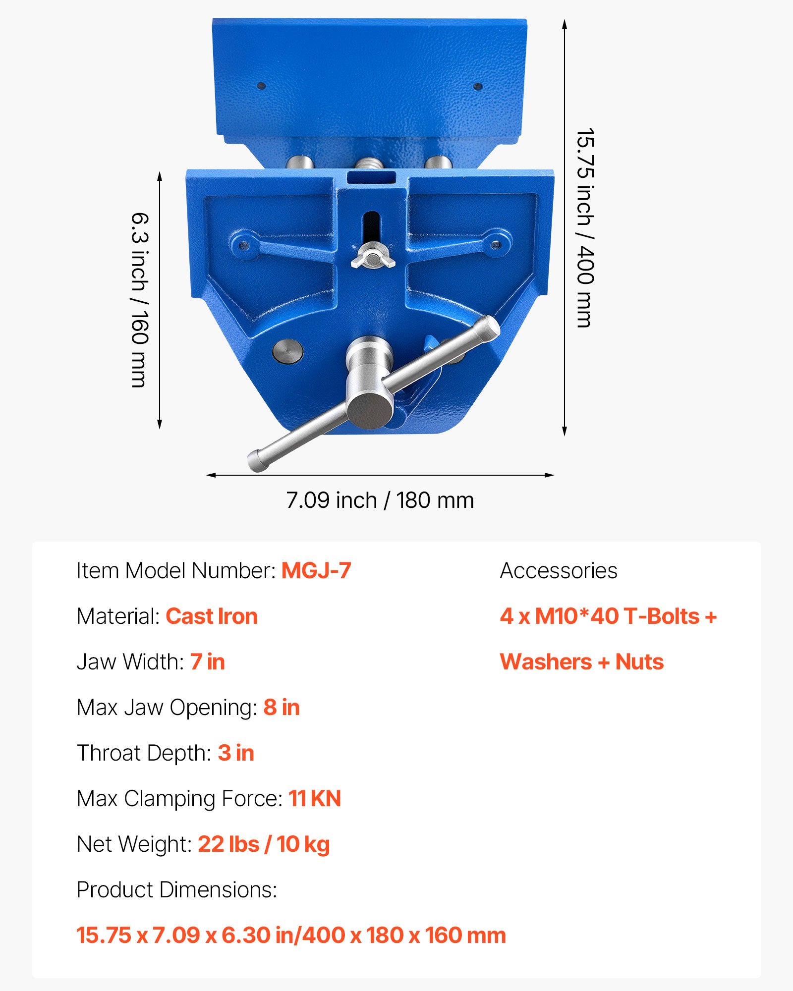 VEVOR Tornillo de Banco para Carpintería de Liberación Rápida, Ancho de Mordaza 18 cm, Apertura de Mordaza 20 cm, Construcción de Hierro Fundido, con Tope Frontal Ajustable, 400 x 180 x 160 mm