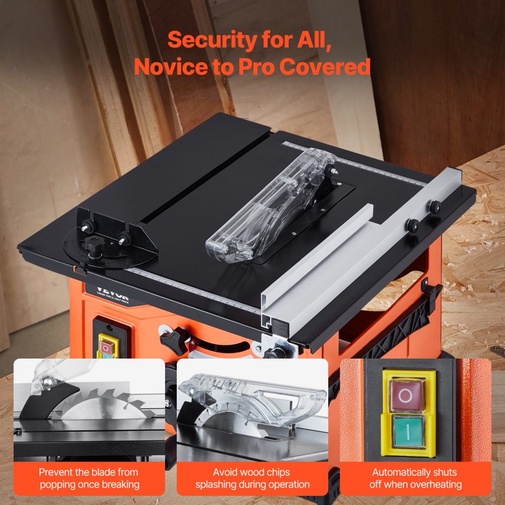 VEVOR 1200 W Sierra de Mesa Portátil de 59 x 46 x 37 cm con Hoja de Sierra de 24 Dientes, Capacidad Máxima de Corte de 225 mm, Velocidad de Corte de 4800 RPM para Carpintería y Fabricación de Muebles