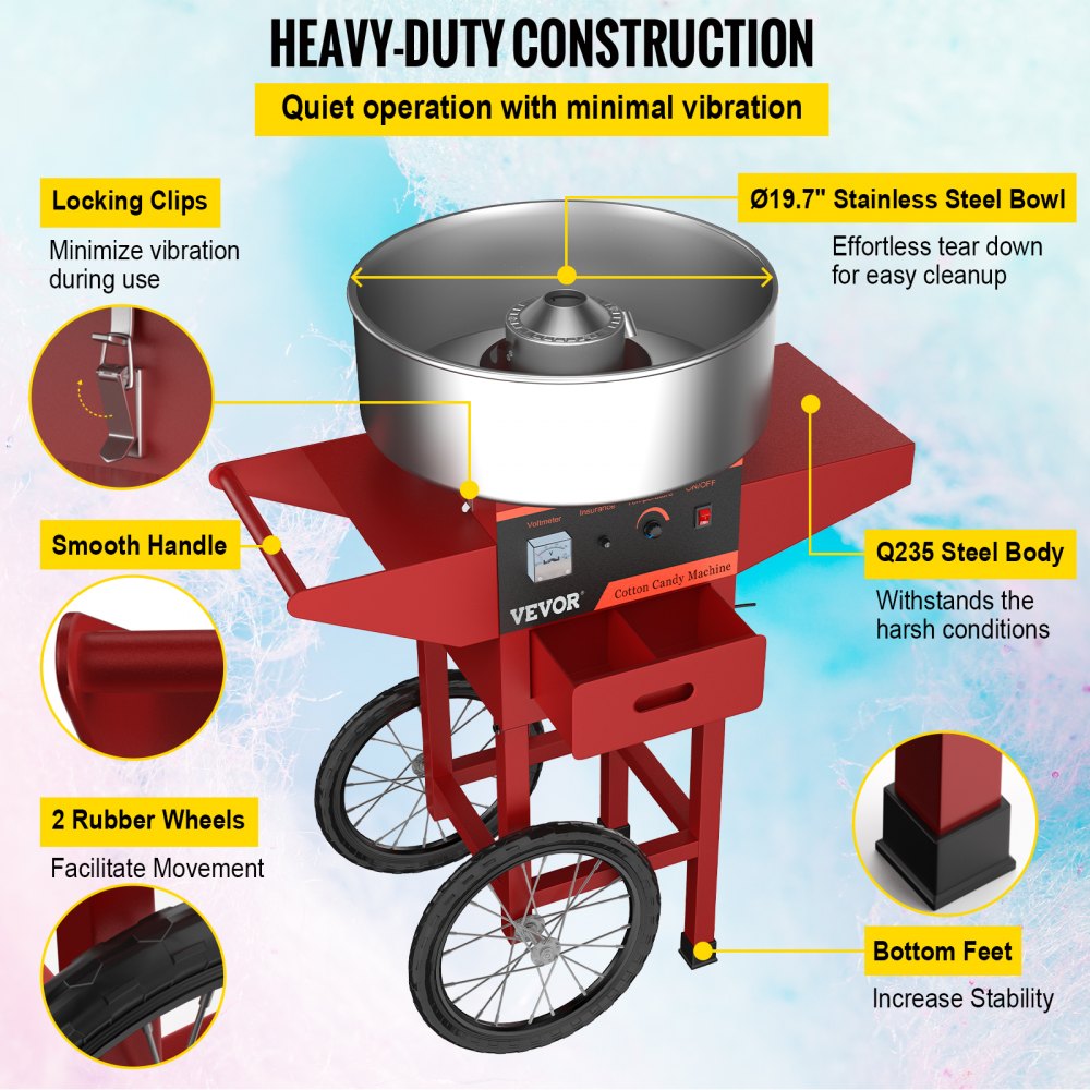 VEVOR Máquina de Algodón de Azúcar 220V Rojo Algodonera de Azúcar Cotton Candy Machine Máquina Profesional para Hacer Nubes de Azúcar con Carrito