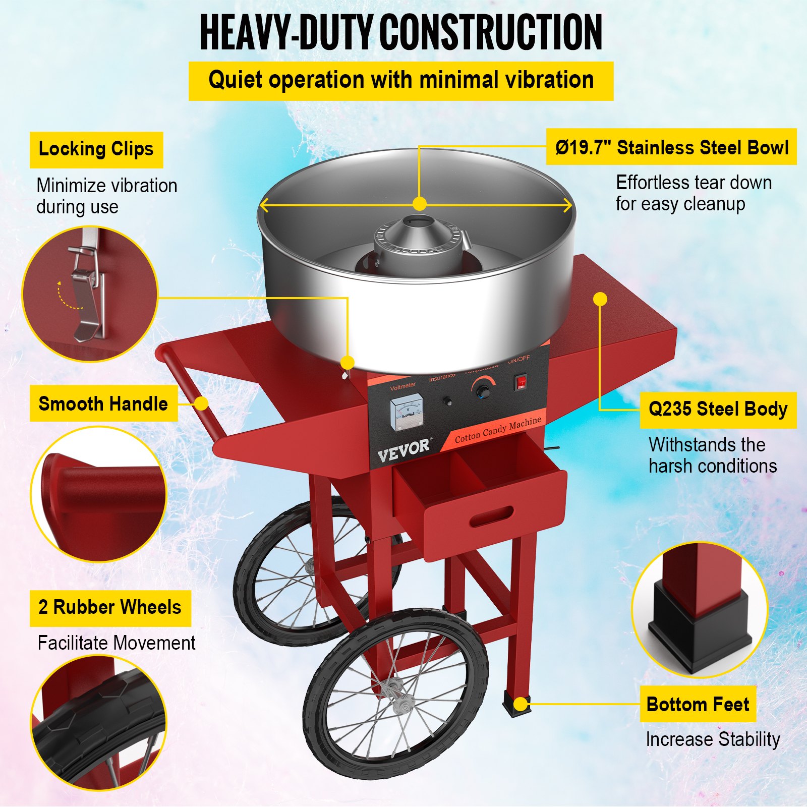 VEVOR Máquina de Algodón de Azúcar 220V Rojo Algodonera de Azúcar Cotton Candy Machine Máquina Profesional para Hacer Nubes de Azúcar con Carrito