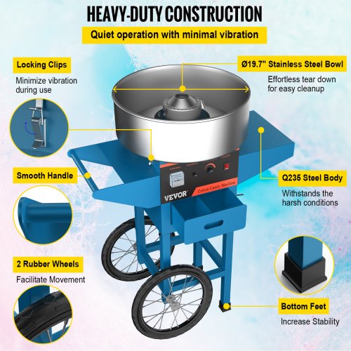 VEVOR Máquina de Algodón de Azúcar 220V Azul Algodonera de Azúcar Cotton Candy Machine Máquina Profesional para Hacer Nubes de Azúcar con Carrito