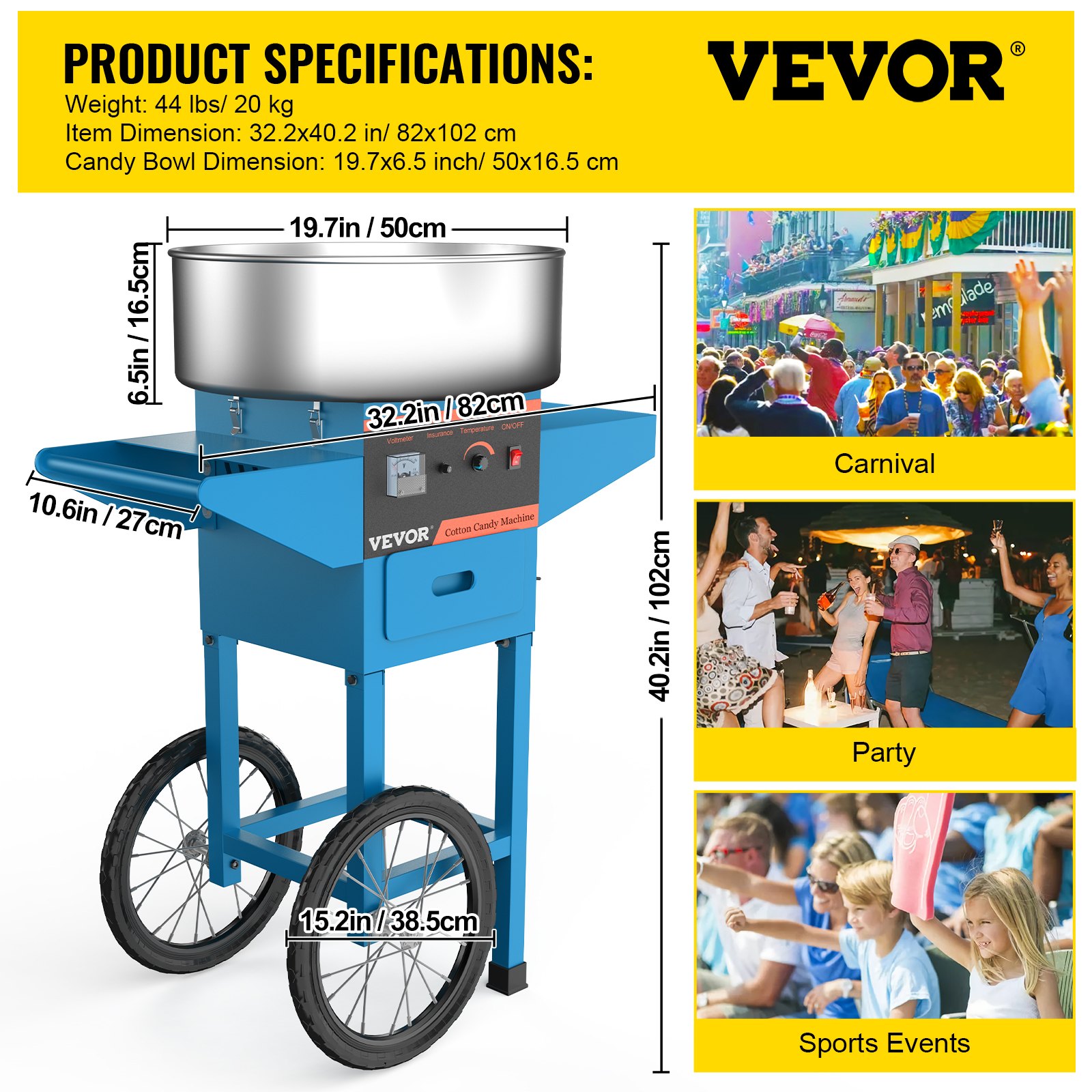 VEVOR Máquina de Algodón de Azúcar 220V Azul Algodonera de Azúcar Cotton Candy Machine Máquina Profesional para Hacer Nubes de Azúcar con Carrito