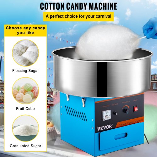 VEVOR Máquina de Algodón de Azúcar 220V Azul Algodonera de Azúcar Cotton Candy Machine Máquina Profesional para Hacer Nubes de Azúcar