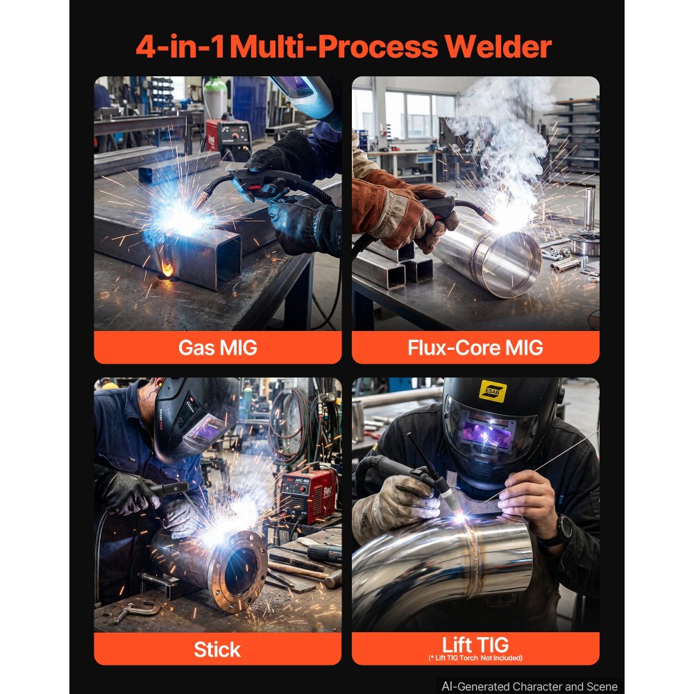 VEVOR Soldadora MIG 145 A 4 en 1, MIG con Gas/Sin Gas, TIG Lift y MMA 2T/4T, Acero Dulce e Inoxidable hasta 5 mm, Control Sinérgico, IGBT, Pantalla Digital y Modos 2T/4T para Metalurgia y Reparaciones