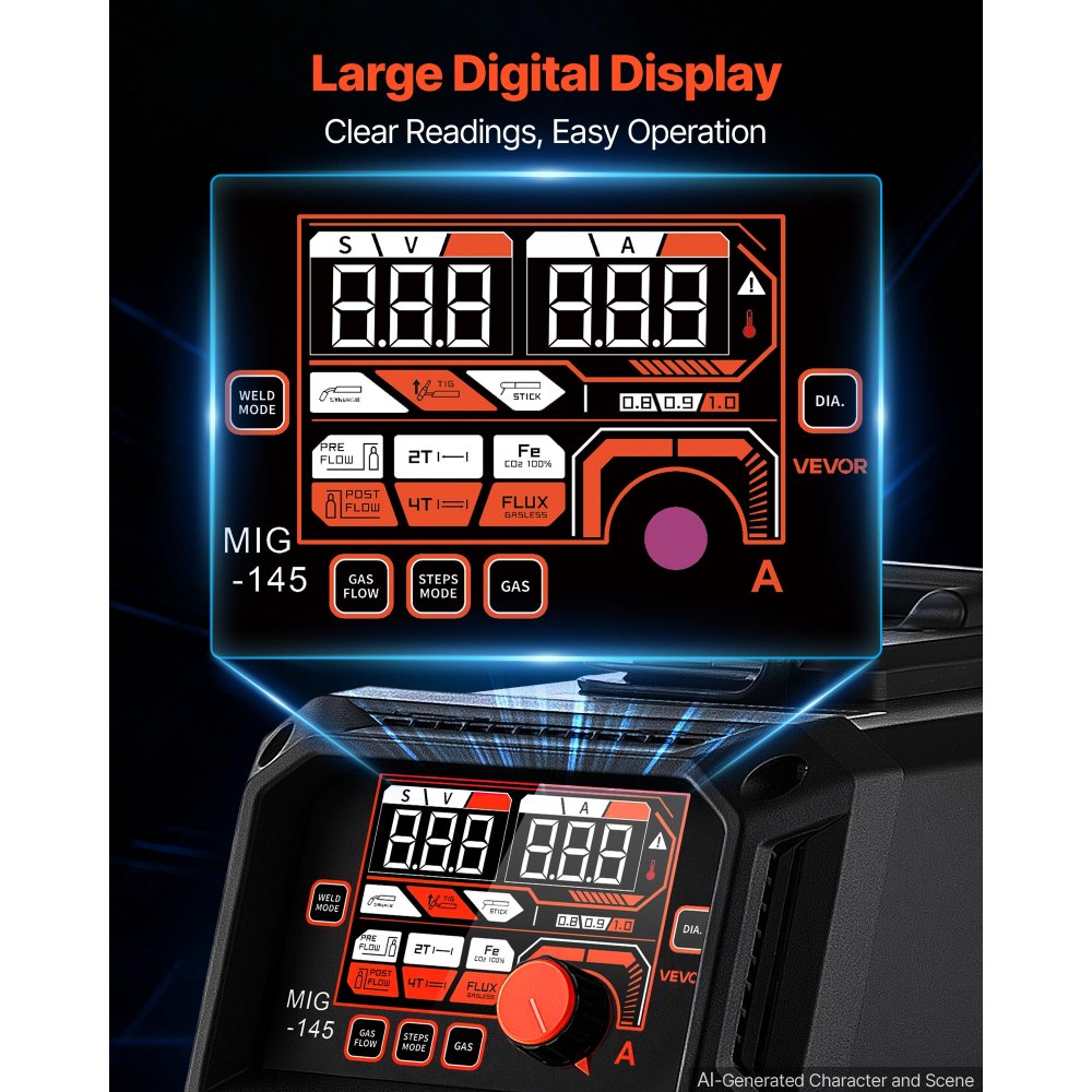 VEVOR Soldadora MIG 145 A 4 en 1, MIG con Gas/Sin Gas, TIG Lift y MMA 2T/4T, Acero Dulce e Inoxidable hasta 5 mm, Control Sinérgico, IGBT, Pantalla Digital y Modos 2T/4T para Metalurgia y Reparaciones