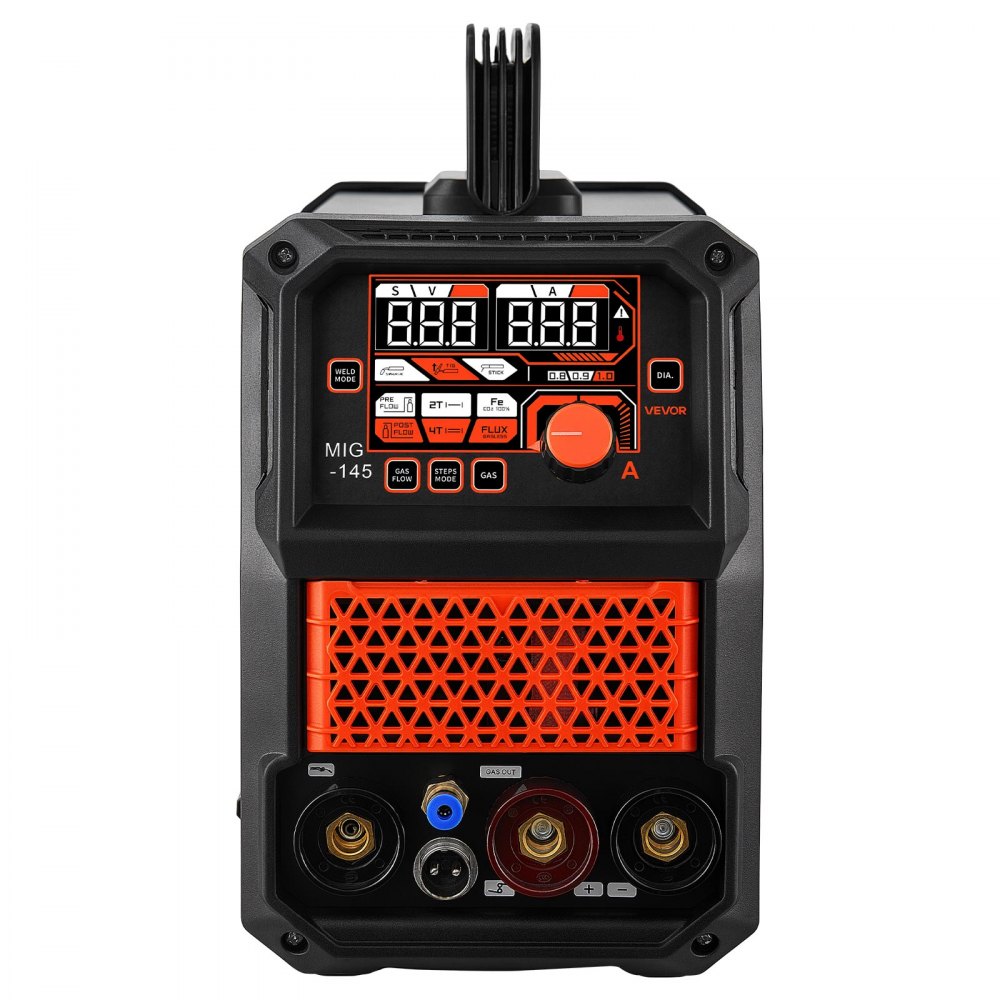 VEVOR Soldadora MIG 145 A 4 en 1, MIG con Gas/Sin Gas, TIG Lift y MMA 2T/4T, Acero Dulce e Inoxidable hasta 5 mm, Control Sinérgico, IGBT, Pantalla Digital y Modos 2T/4T para Metalurgia y Reparaciones