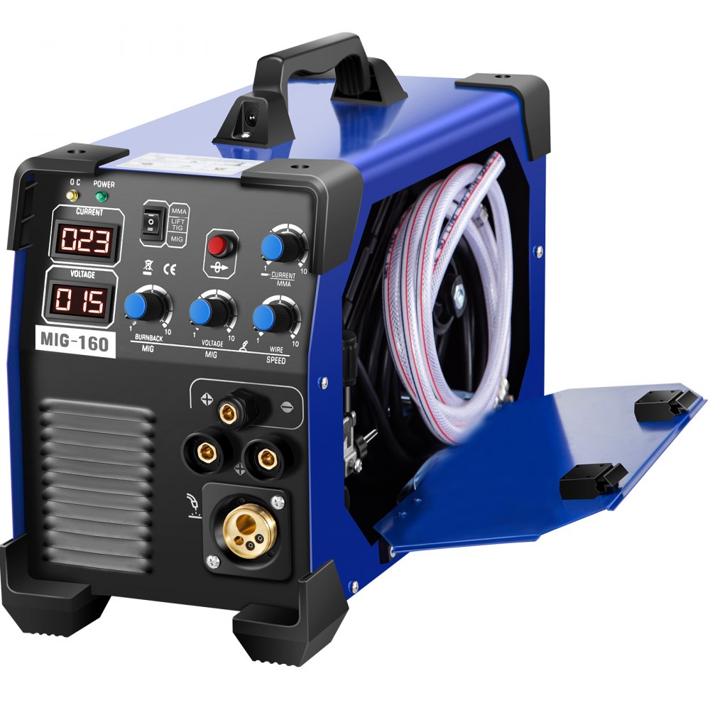 VEVOR Máquina de Soldadura de Inversor MIG-160 3 en 1, Doble Voltaje de 110 V o 220 V Máquina Soldadora Portátil lMIG MMA TIG IGBT DC Soldadora de Inversor Acero Inoxidable con Pantalla Digital Azul