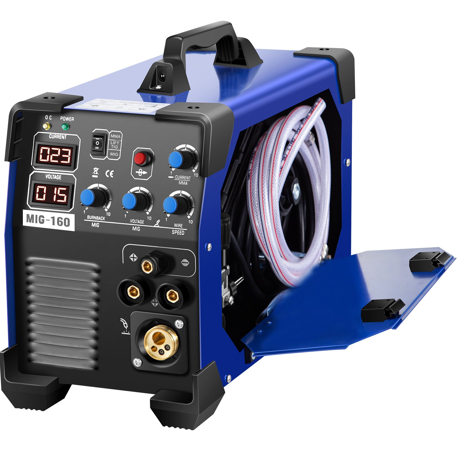 VEVOR Máquina de Soldadura de Inversor MIG-160 3 en 1, Doble Voltaje de 110 V o 220 V Máquina Soldadora Portátil lMIG MMA TIG IGBT DC Soldadora de Inversor Acero Inoxidable con Pantalla Digital Azul