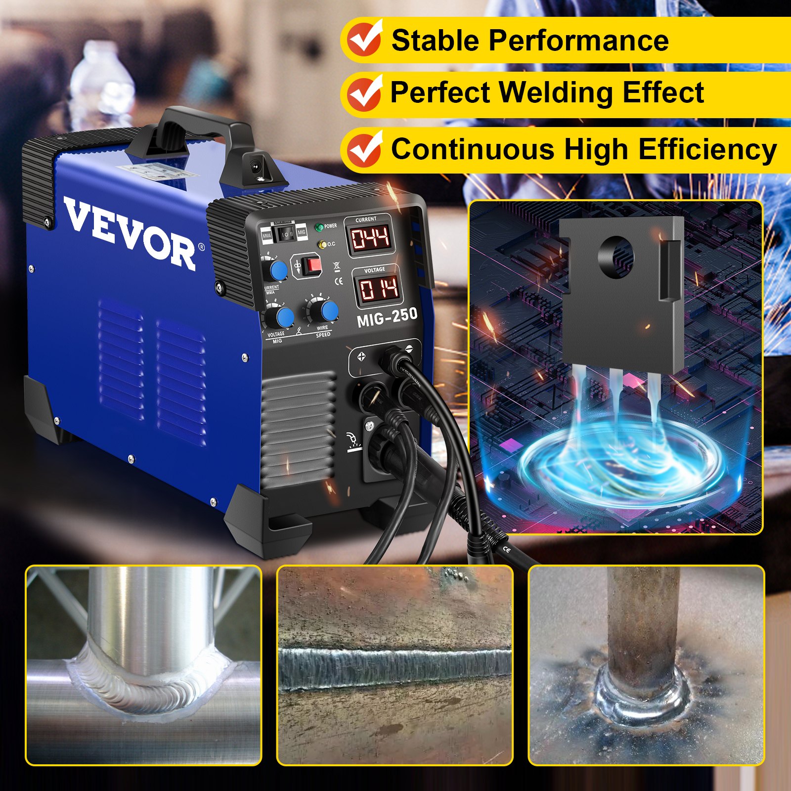 VEVOR Soldadora de Inversor Portátil MIG-250 3 en 1, Doble Voltaje de 110 V o 220 V 50-200 A Máquina Soldadora Portátil lMIG MMA TIG DC Soldadora de Inversor Acero Inoxidable con Pantalla Digital Azul