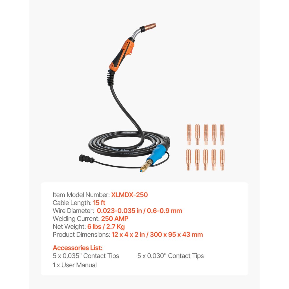 VEVOR Antorcha MIG 250A con Cable 4,57 m, Pistola de Soldadura Compatible con MDX-250, Millermatic 252 255, Multimatic 200 235 255, con Puntas de Contacto 0,8-0,9 mm para Taller Reparación Automotriz