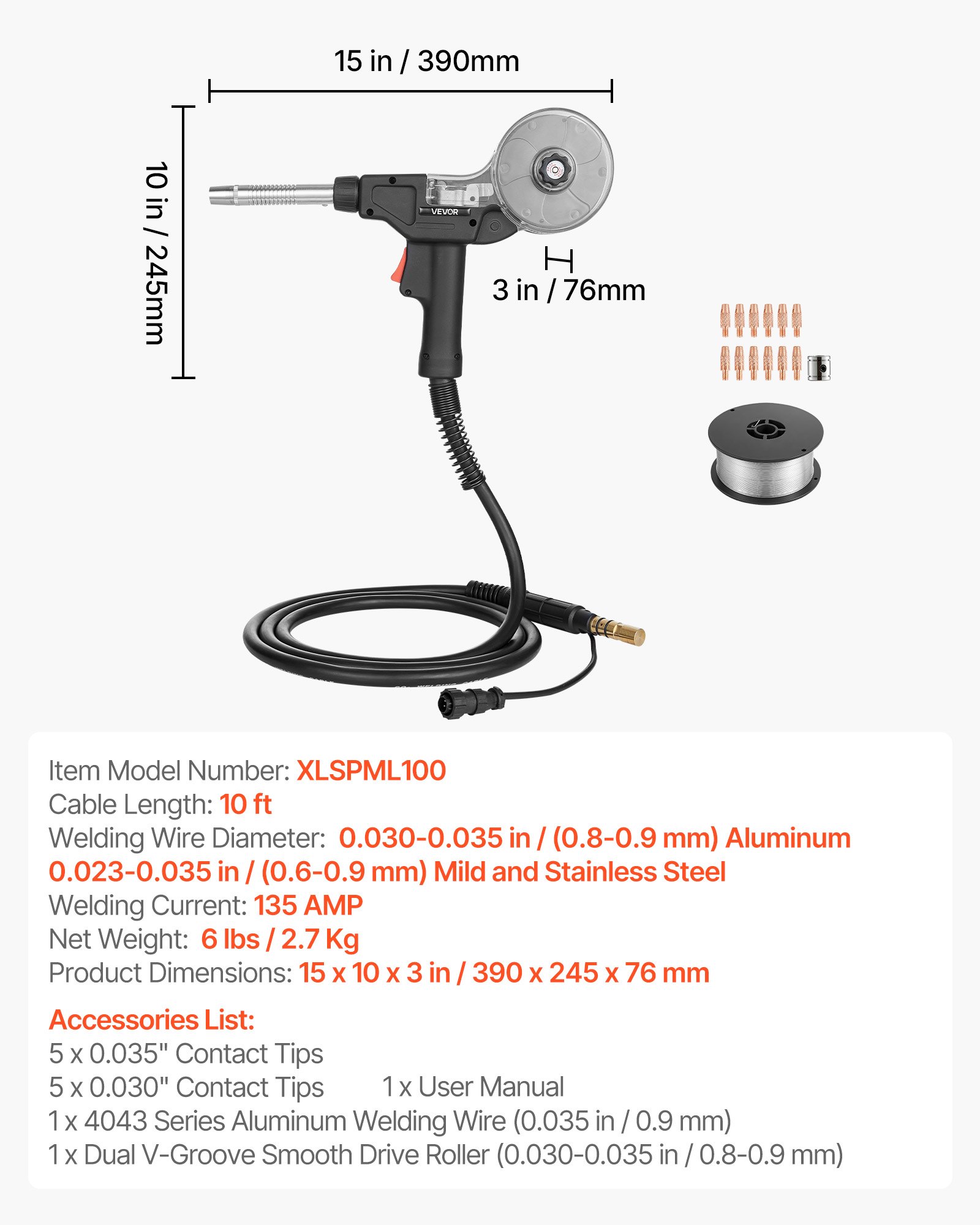 VEVOR Pistola de Carrete MIG 135A con Cable 3 m Compatible con Spoolmate 100 para Millermatic Multimatic Syncrowave con Alambre Aluminio, Rodillo, Puntas de 0,8-0,9mm para Taller Reparación Automotriz