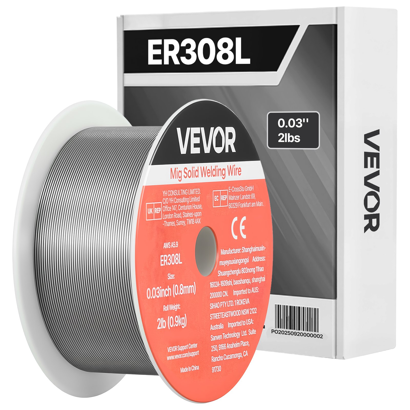 VEVOR Alambre de Soldadura MIG Sólido, ER308L, 0,8 mm, 0,9 kg, Acero Inoxidable, con Bajas Salpicaduras y Alta Capacidad de Alimentación, con Protección de Gas en Todas las Posiciones, ≥510 MPa