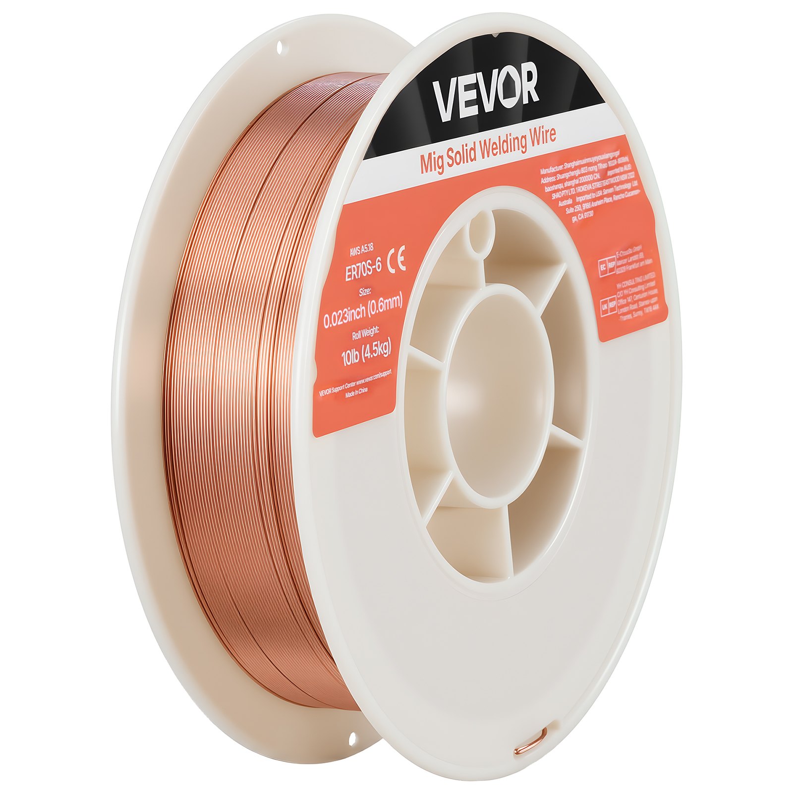 VEVOR Alambre de Soldadura MIG Sólido, ER70S-6, 0,6 mm, 4,5 kg, Acero Dulce, con Bajas Salpicaduras y Alto Contenido de Desoxidantes para Soldadura con Protección de Gas en Todas las Posiciones