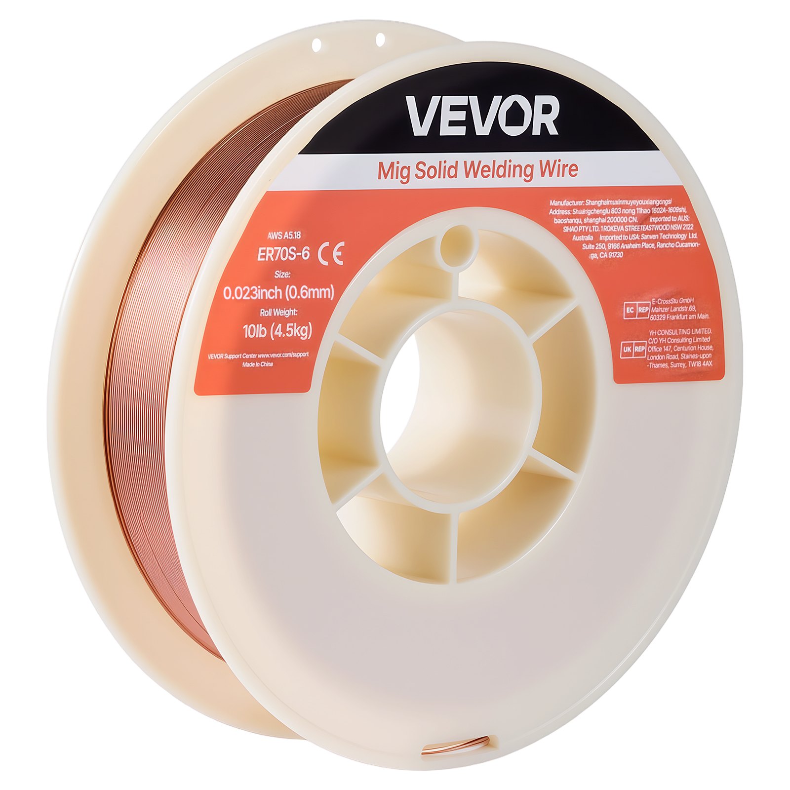 VEVOR Alambre de Soldadura MIG Sólido, ER70S-6, 0,6 mm, 4,5 kg, Acero Dulce, con Bajas Salpicaduras y Alto Contenido de Desoxidantes para Soldadura con Protección de Gas en Todas las Posiciones