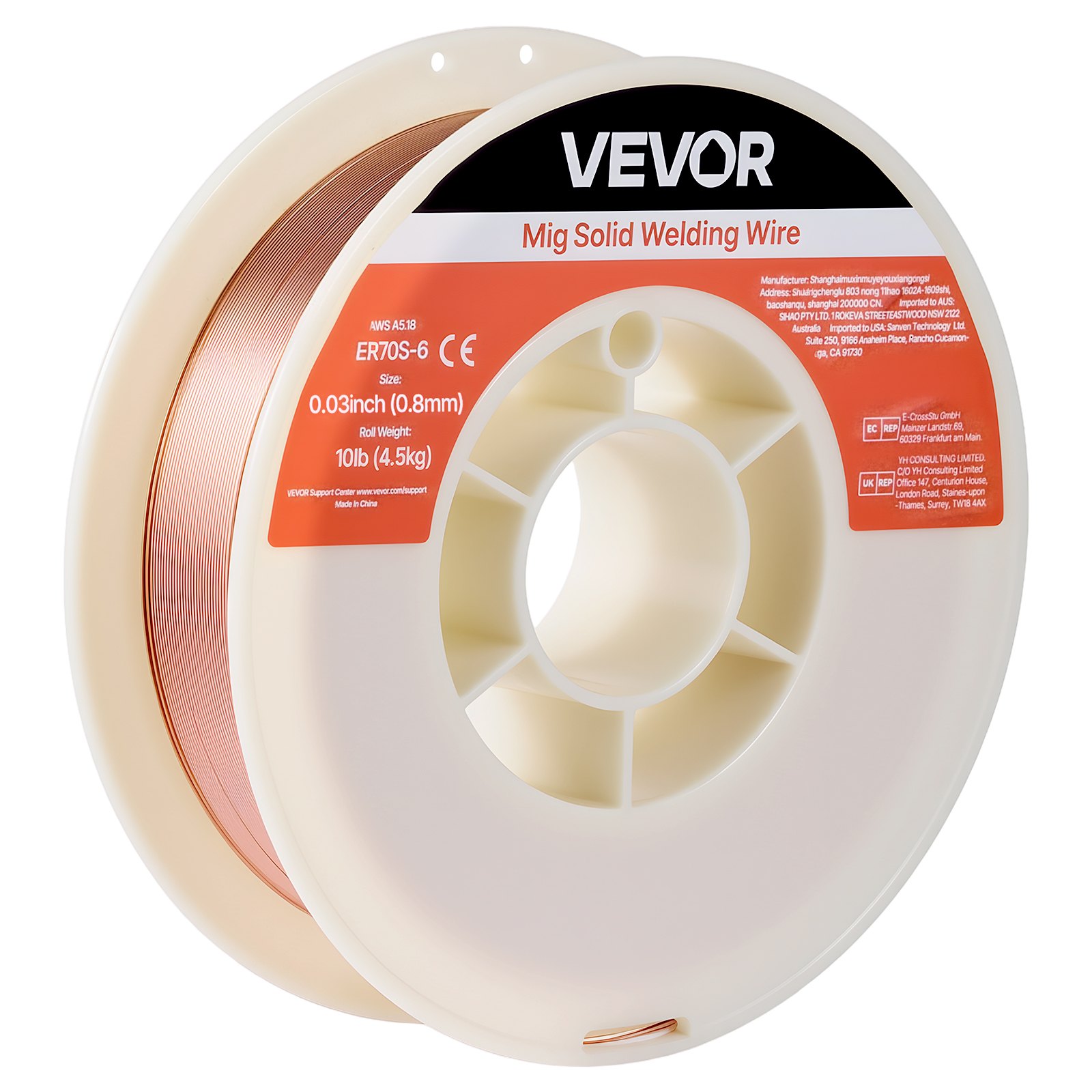 VEVOR Alambre de Soldadura MIG Sólido, ER70S-6, 0,8 mm, 4,5 kg, Acero Dulce, con Bajas Salpicaduras y Alto Contenido de Desoxidantes para Soldadura con Protección de Gas en Todas las Posiciones