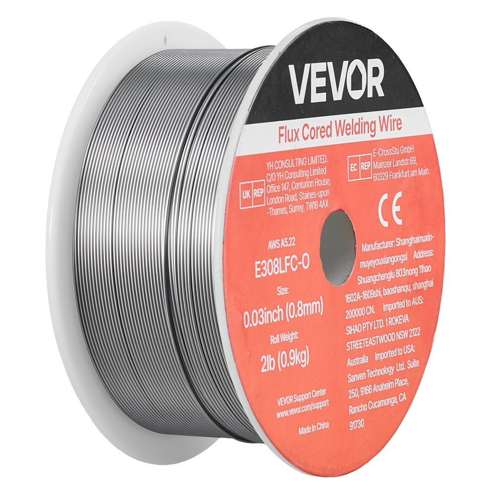 VEVOR Alambre de Soldadura MIG con Núcleo Fundente, E308LFC-O, 0,8 mm, 0,9 kg, de Acero Dulce sin Gas, con Bajas Salpicaduras para Soldadura por Arco en Cualquier Posición, para Uso en Exteriores